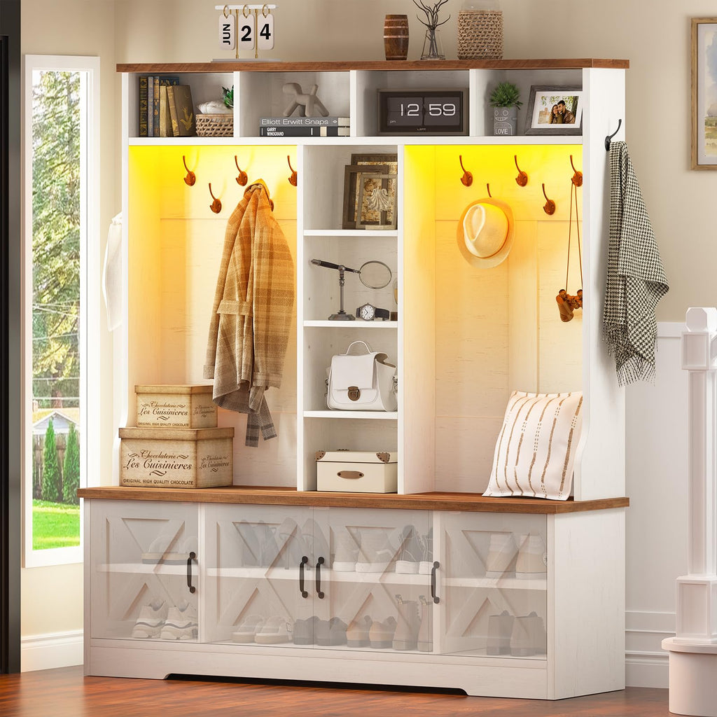 CSZZD Hall Tree with Bench and Shoe Storage, Farmhouse Entryway Bench with Coat Racks and Led Lights, Tall Hall Tree with 7 Coat Hooks, 6 Storage Cubbies
