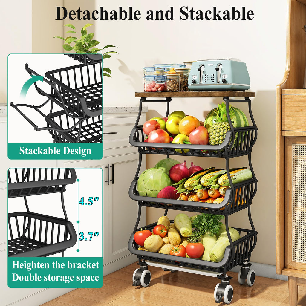 SAYZH Fruit Basket Kitchen Pantry Organizers and Storage - Wooden Top Table, Stackable Metal Wire Basket Stand Cart for Fruit Vegetable Snacks Onion Potato Organization