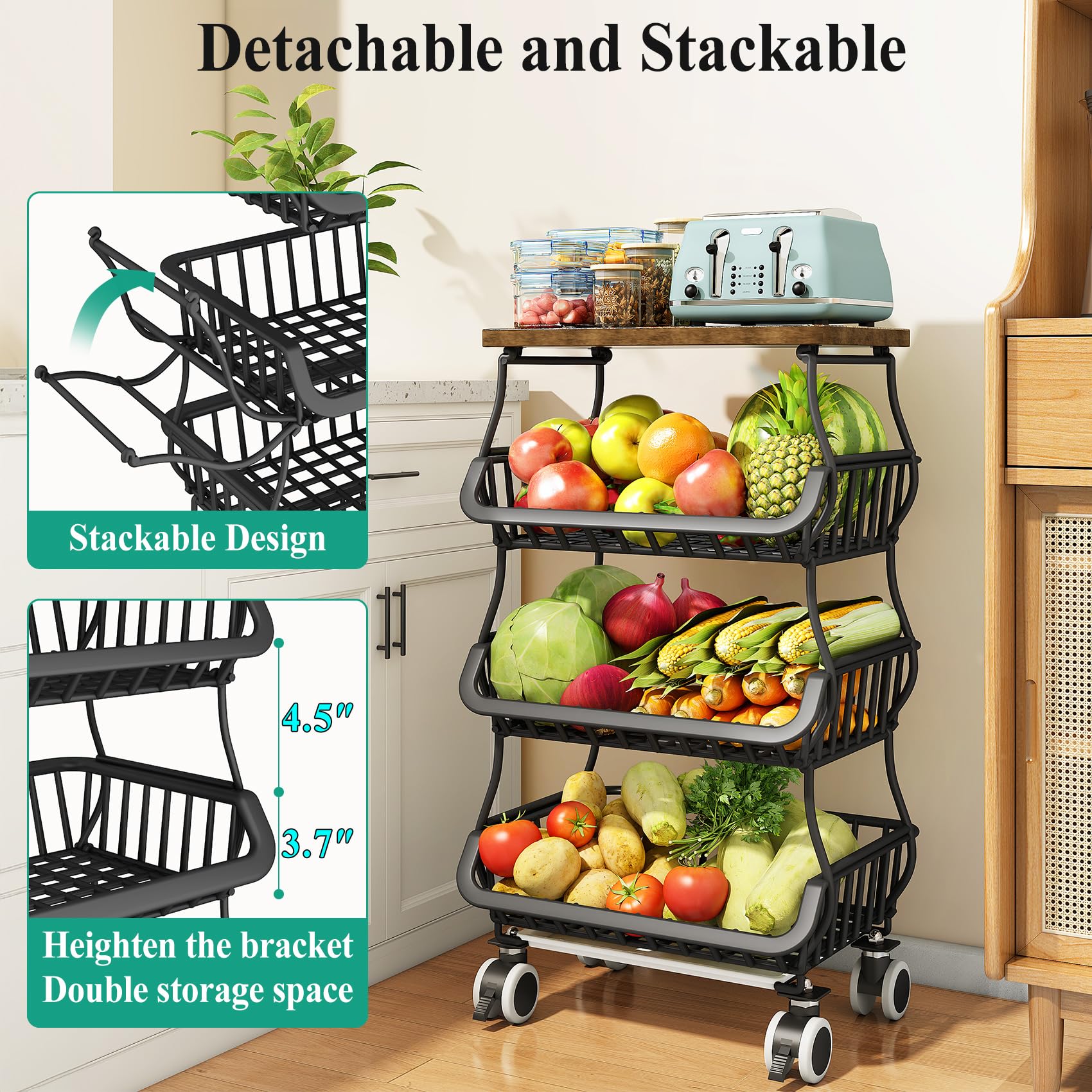 SAYZH Fruit Basket Kitchen Pantry Organizers and Storage - Wooden Top Table, Stackable Metal Wire Basket Stand Cart for Fruit Vegetable Snacks Onion Potato Organization