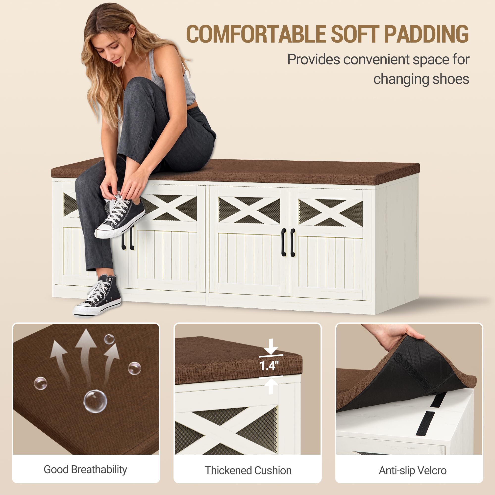 Hzuaneri 2 Tier Shoe Storage Bench with Doors, Shoe Bench with Padded Cushion, Bed End Bench, Entryway Bench with Storage for Bedroom, Living Room