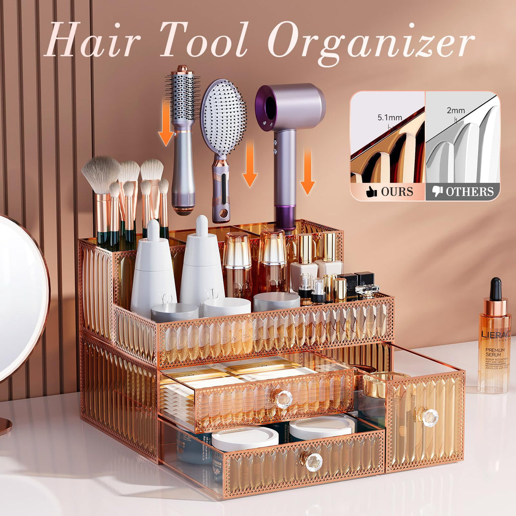 Youdepot Makeup Organizer - Tempered Glass Vanity Organizer for Cosmetics, Skincare, Hair Tools, Brushes, Perfume - Multipurpose Bathroom Counter Skincare Organizer