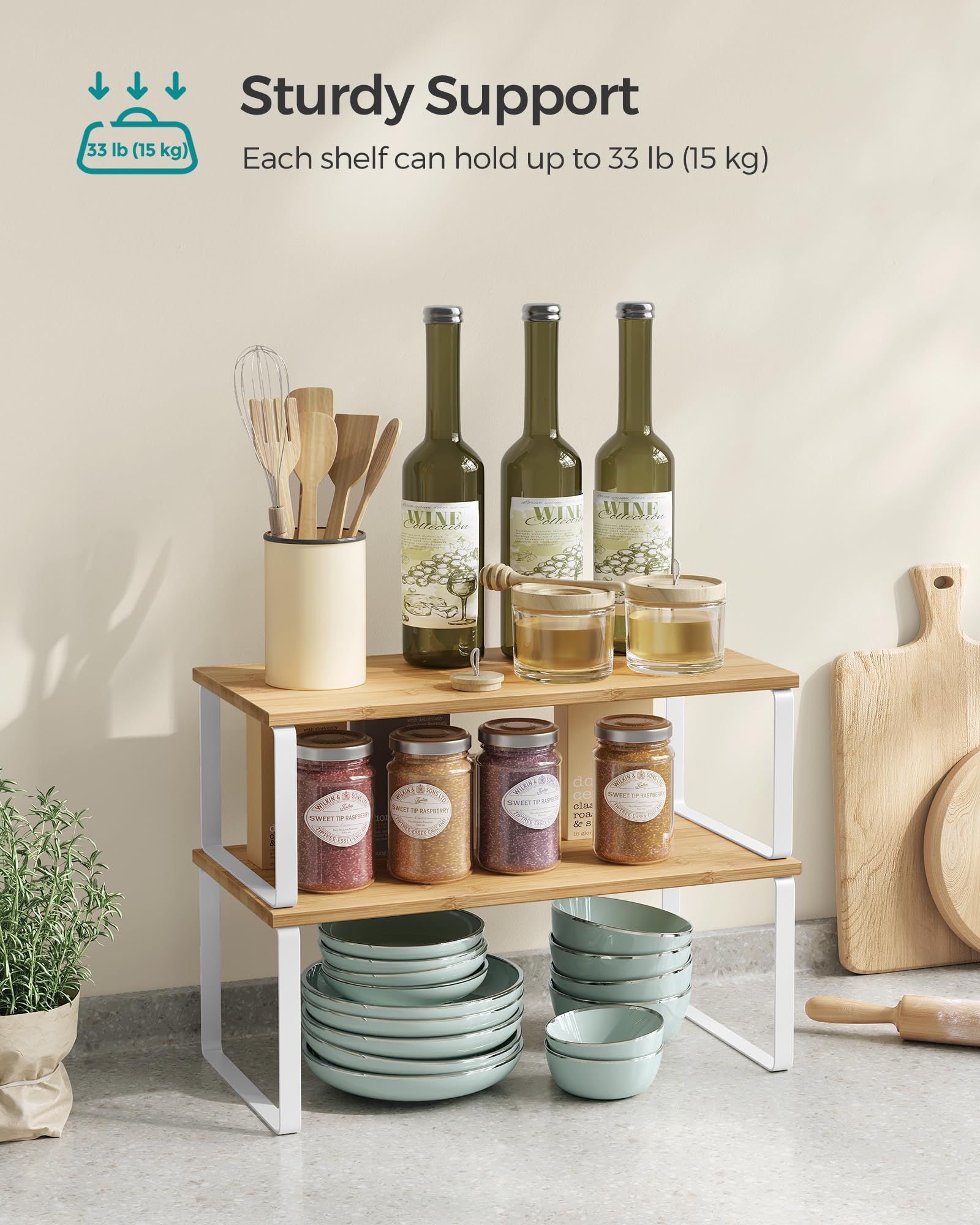 SONGMICS Cabinet Organizer Shelf, Set of 2 Kitchen Counter Shelves, Kitchen Storage, Spice Rack, Stackable, Expandable, Metal and Engineered Wood