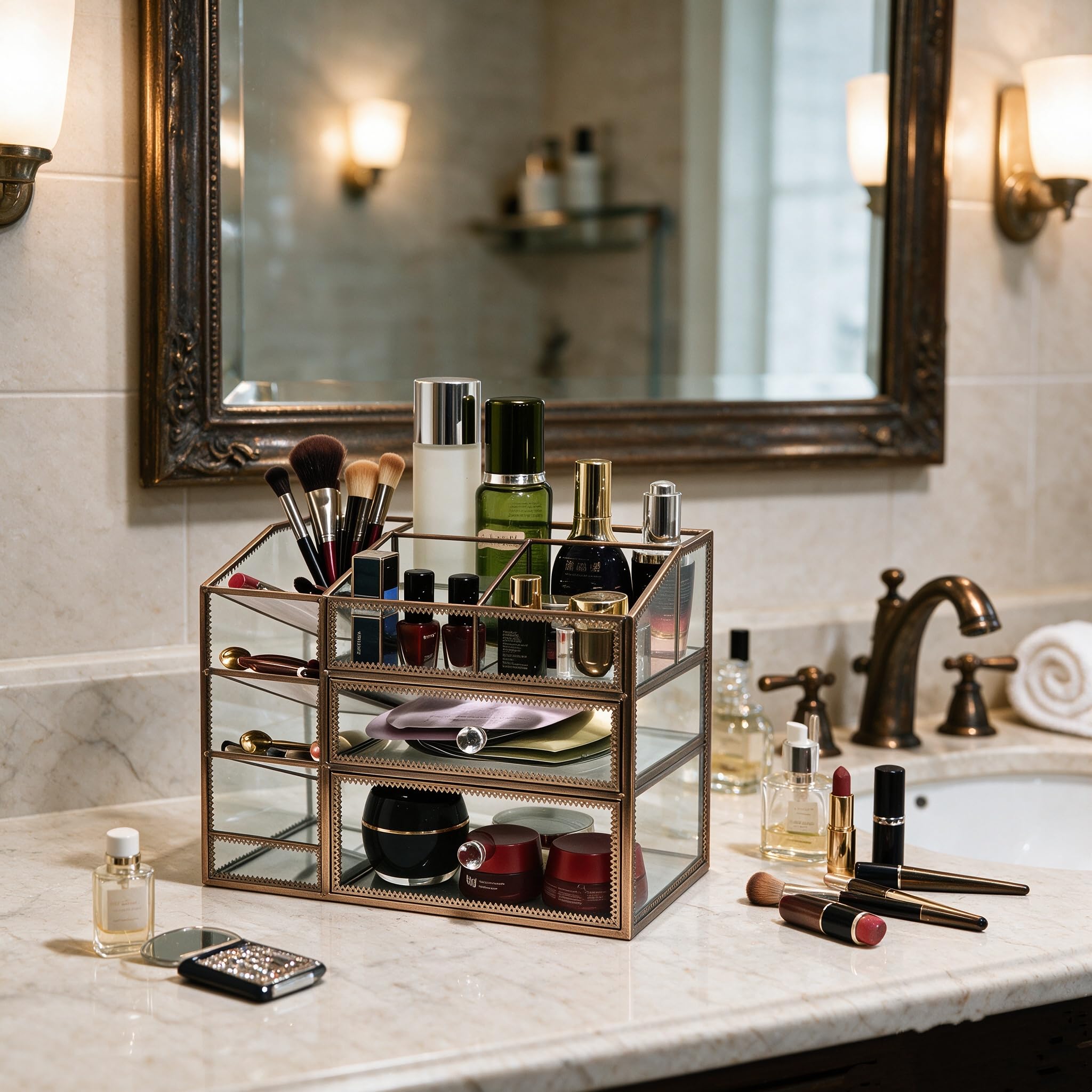 Glass Makeup Organizer for Vanity Countertop, Vintage Lace Cosmetic Storage Cabinet with 2 Drawers, Open Top Lipstick & Skincare Holder, Desktop Beauty Display Case, Available in Gold, Silver & Bronze