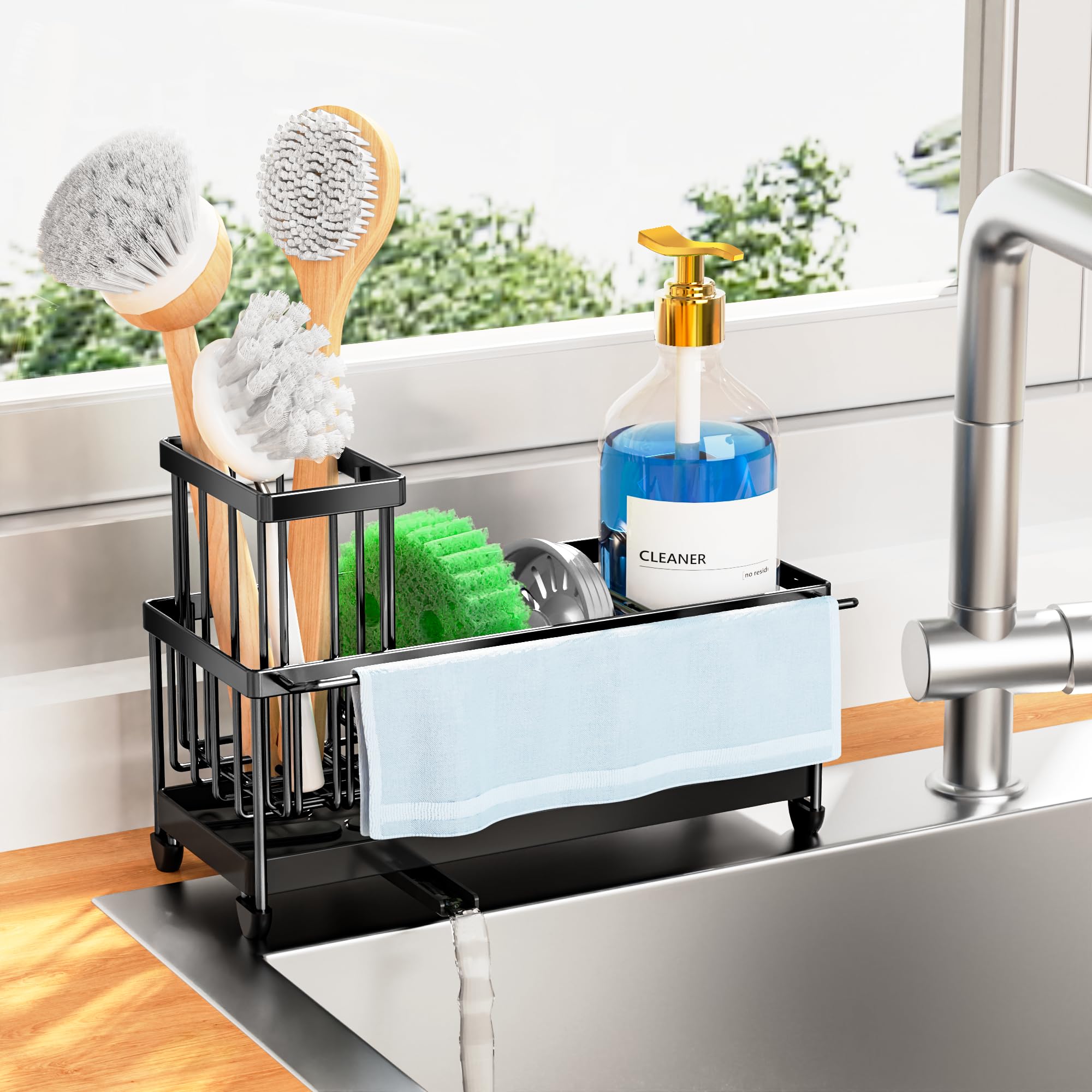Cisily Sponge Holder for Kitchen Sink, Sink Caddy Organizer with High Brush Holder, Kitchen Countertop Organizers and Storage Essentials
