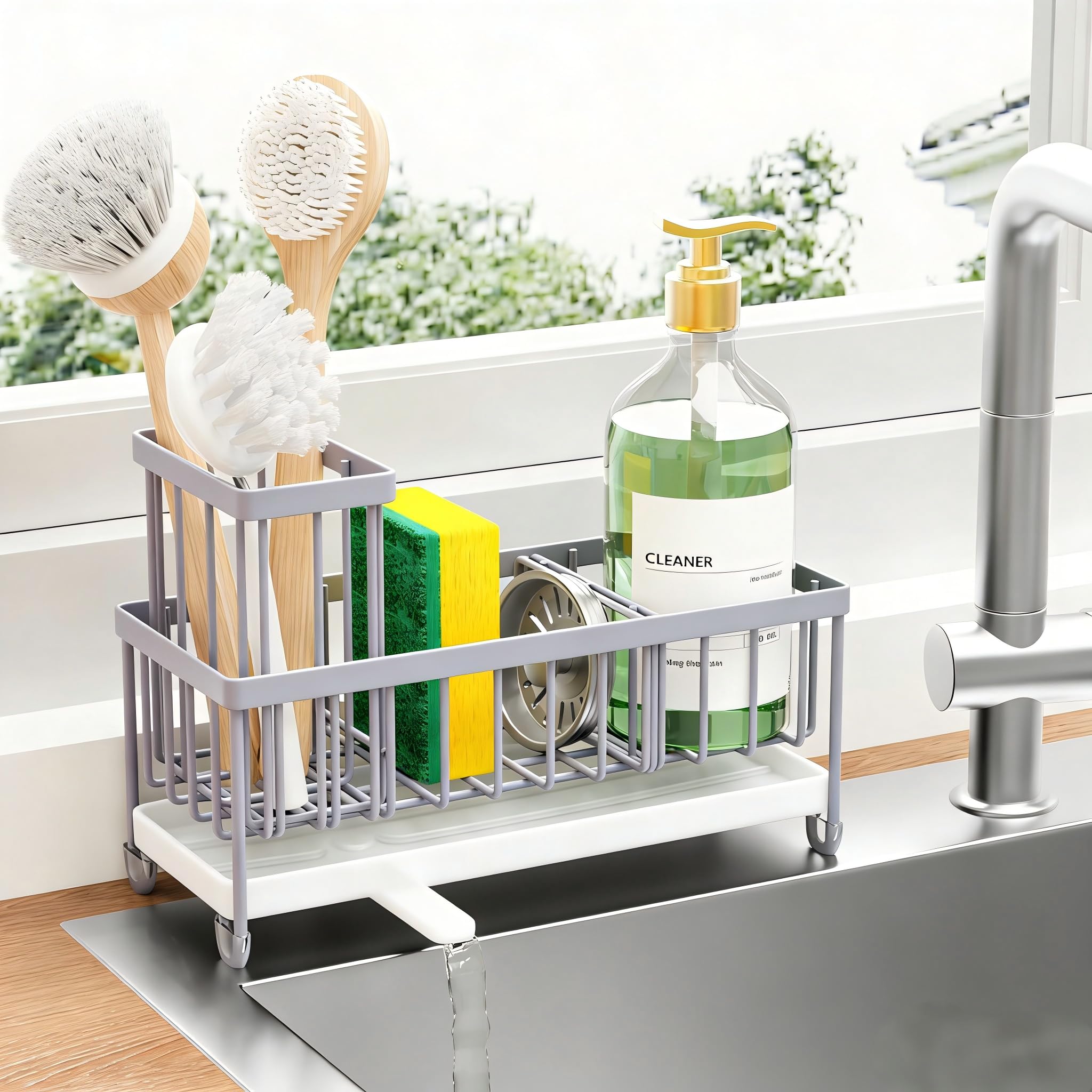 Cisily Sponge Holder for Kitchen Sink, Sink Caddy Organizer with High Brush Holder, Kitchen Countertop Organizers and Storage Essentials