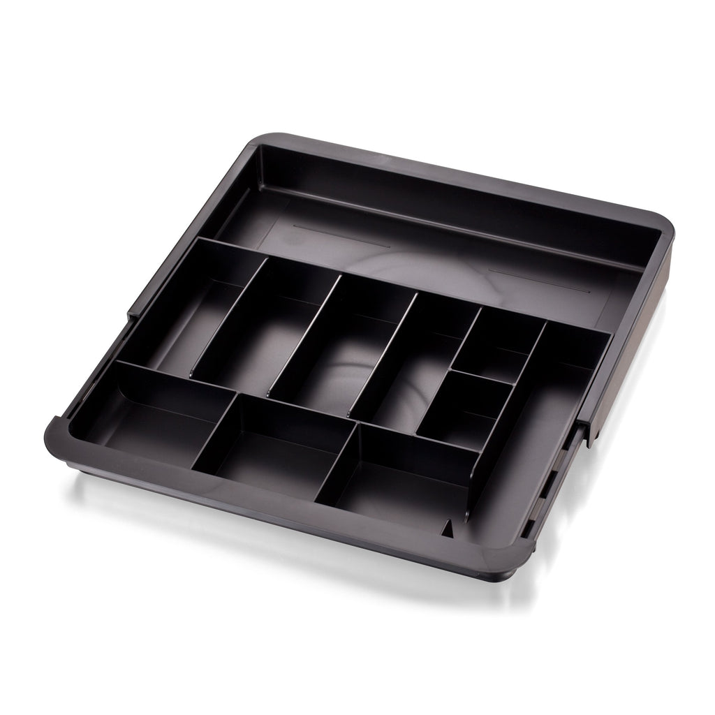 Officemate Expandable Drawer Organizer Tray, Adjustable 10.3"–16" Width, Customizable Compartments with Dividers, Recycled Plastic, Black