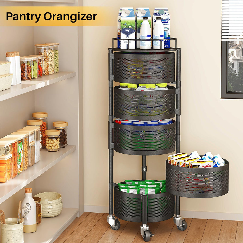 SNTD Fruit and Vegetable Basket Bowls for Kitchen with Metal Top Lid, 5 Tier Rotating Storage Rack Cart for Potato Onion Bread Banana, Wire Basket Organizer on Wheels, Large