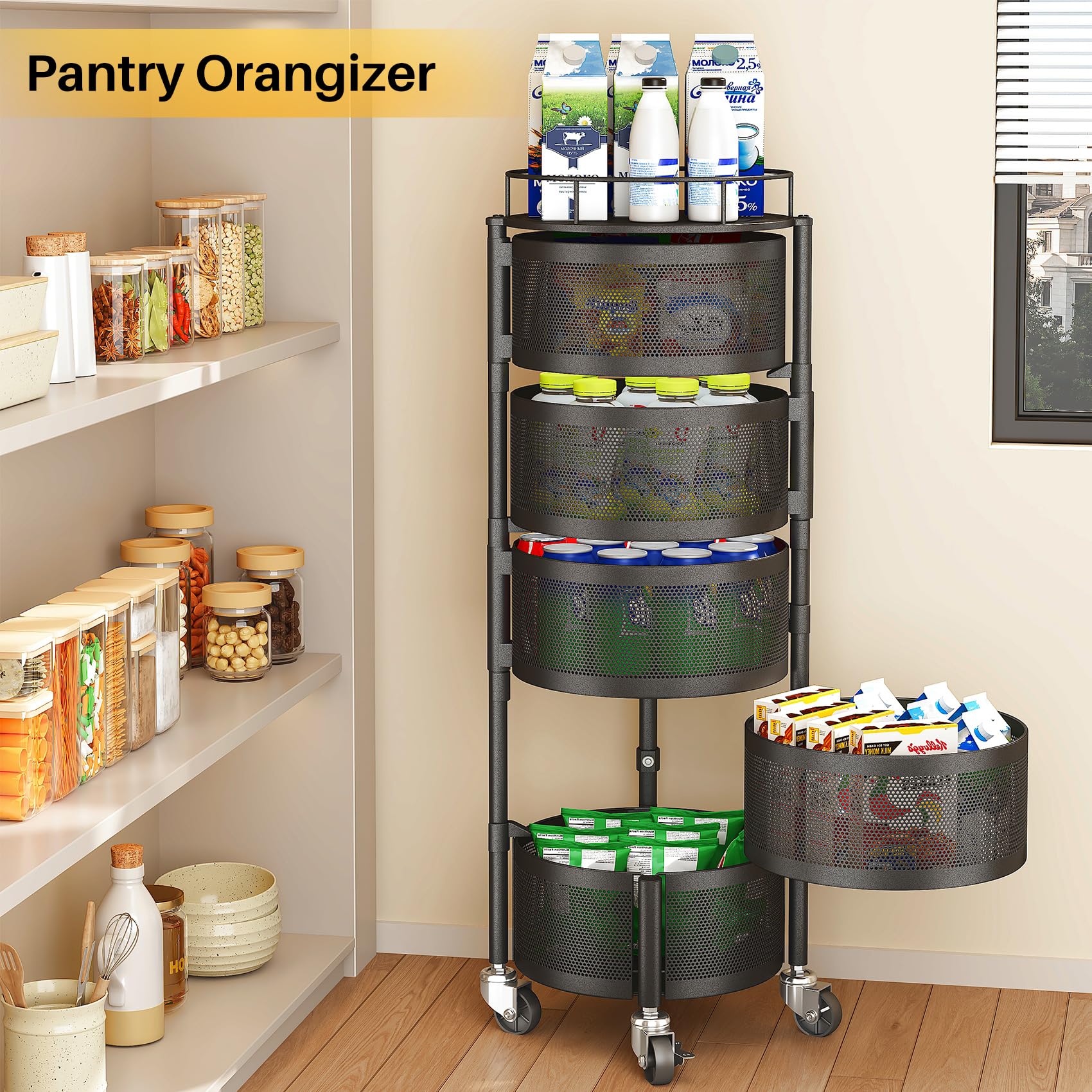 SNTD Fruit and Vegetable Basket Bowls for Kitchen with Metal Top Lid, 5 Tier Rotating Storage Rack Cart for Potato Onion Bread Banana, Wire Basket Organizer on Wheels, Large