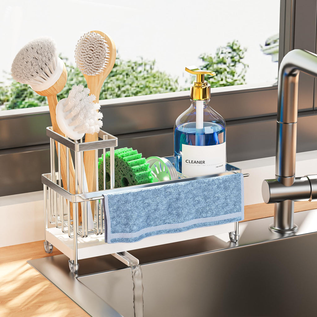 Cisily Sponge Holder for Kitchen Sink, Sink Caddy Organizer with High Brush Holder, Kitchen Countertop Organizers and Storage Essentials