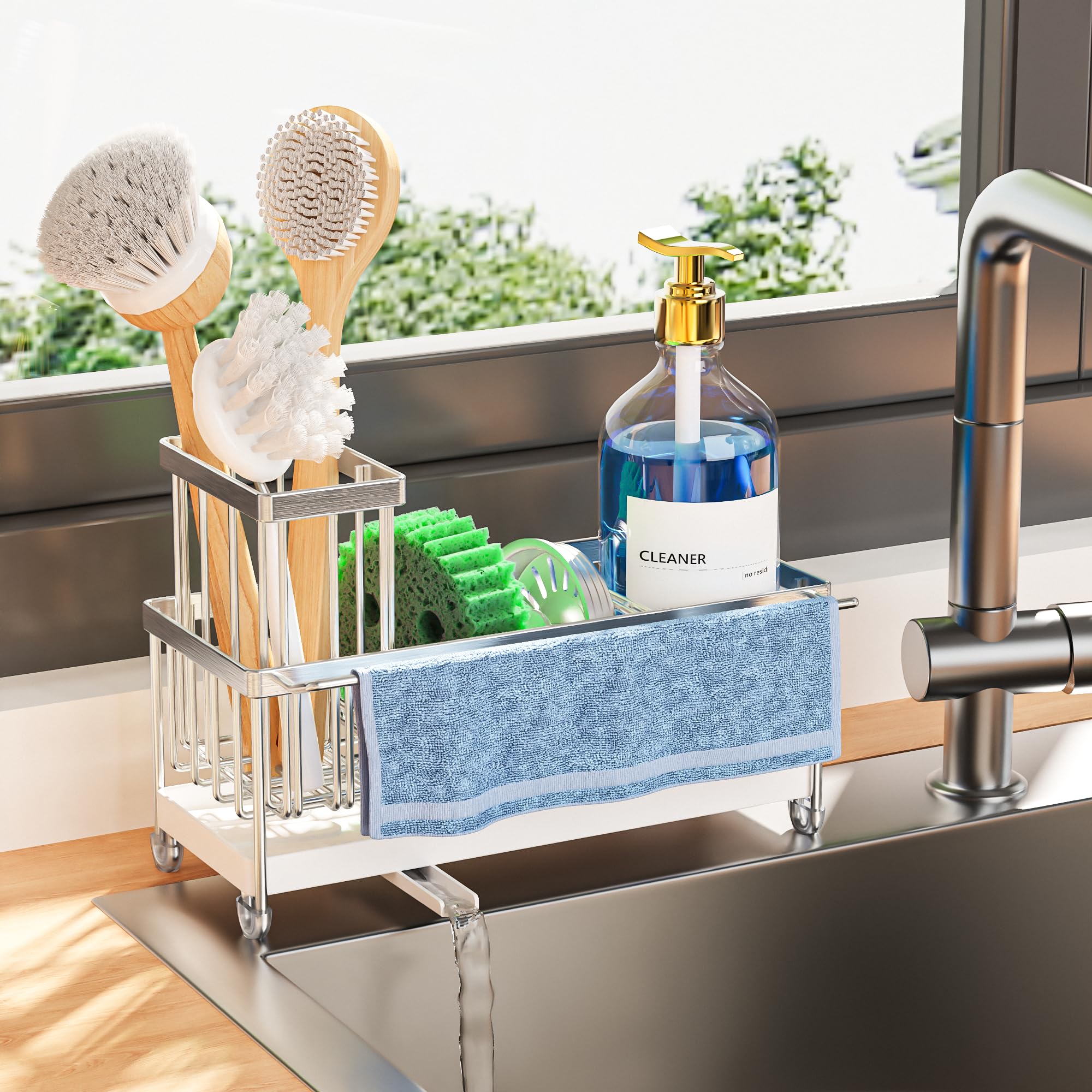 Cisily Sponge Holder for Kitchen Sink, Sink Caddy Organizer with High Brush Holder, Kitchen Countertop Organizers and Storage Essentials