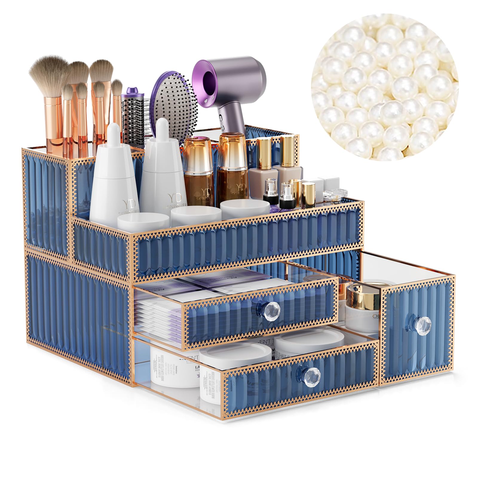 Youdepot Makeup Organizer - Tempered Glass Vanity Organizer for Cosmetics, Skincare, Hair Tools, Brushes, Perfume - Multipurpose Bathroom Counter Skincare Organizer