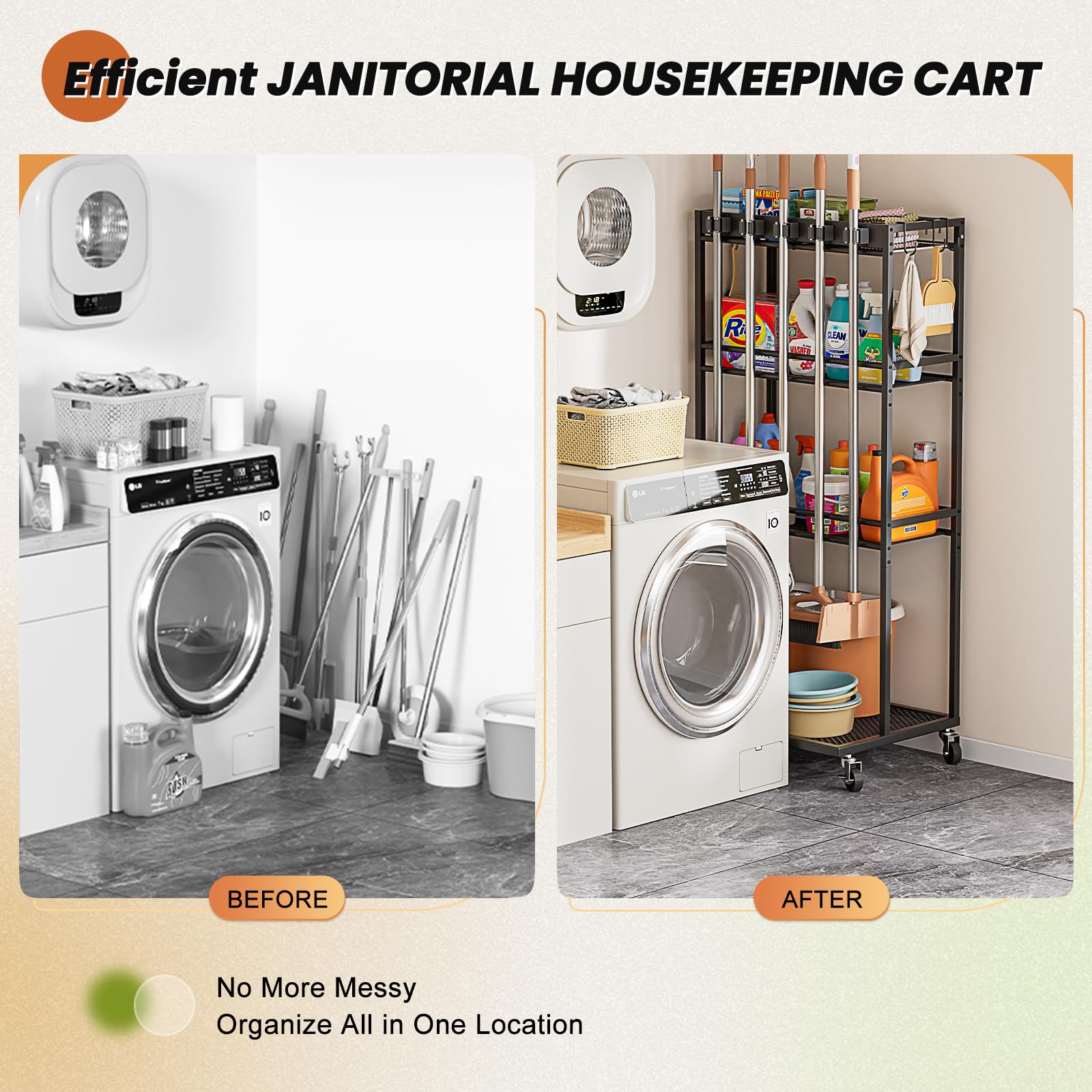 Broom Holder with Cleaning Supplies Organizer