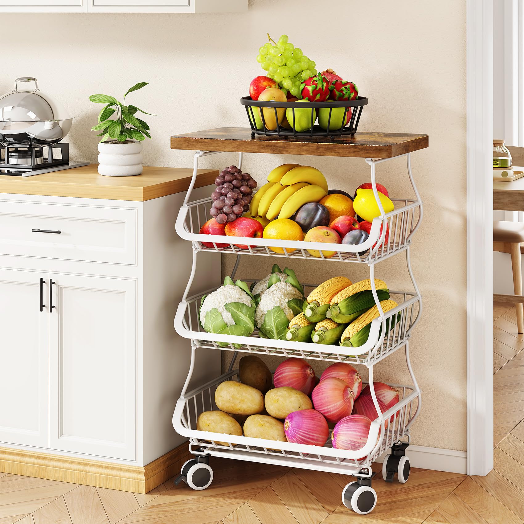SAYZH Fruit Basket Kitchen Pantry Organizers and Storage - Wooden Top Table, Stackable Metal Wire Basket Stand Cart for Fruit Vegetable Snacks Onion Potato Organization