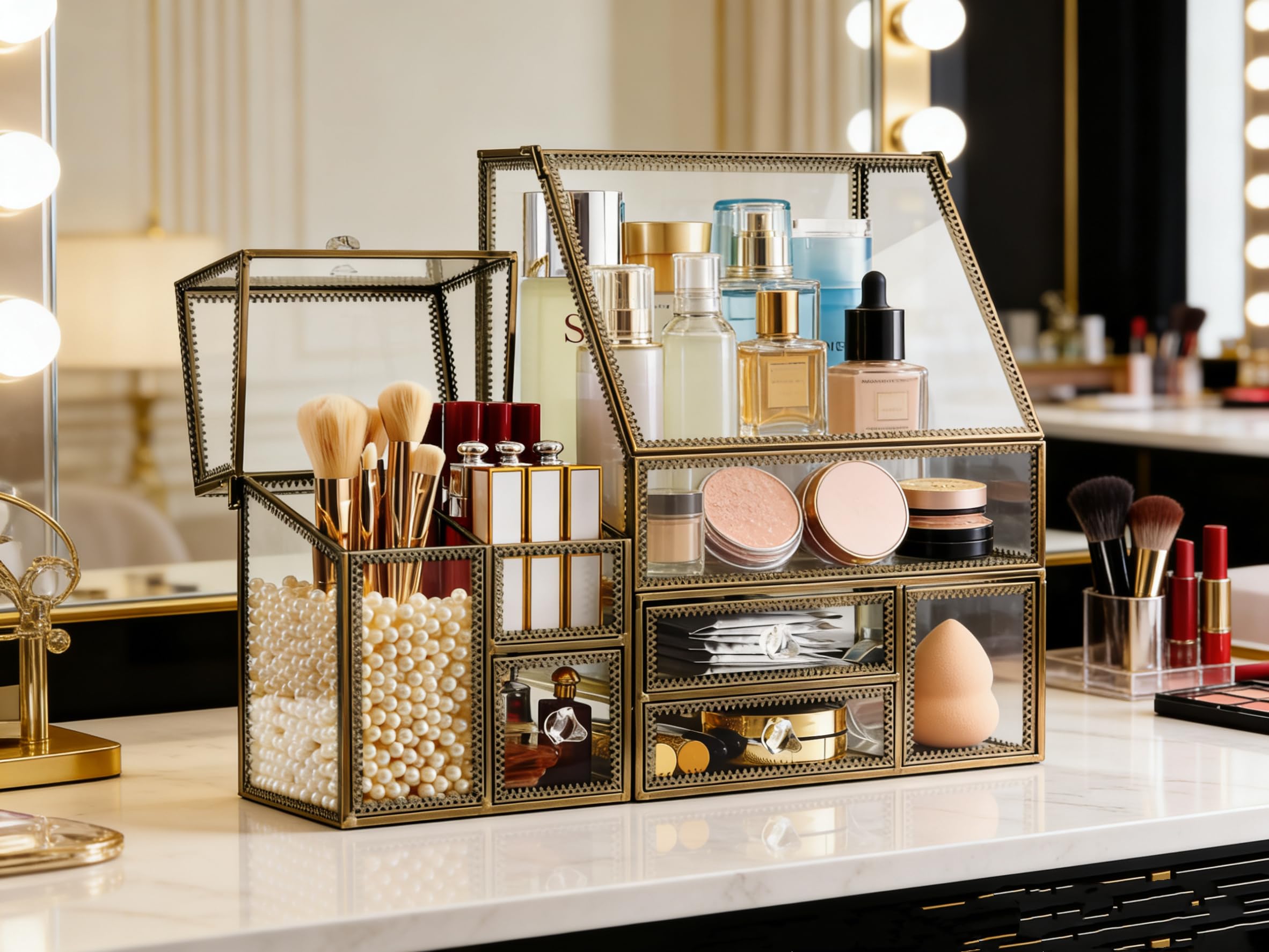 Glass Bathroom Organizer Stackable Drawer Set Makeup Organizer for Vanity Antique Countertop Cosmetic Storage Box Mirror Glass Beauty Display, Holder for Brushes Lipsticks Skincare Toner/free Pearl