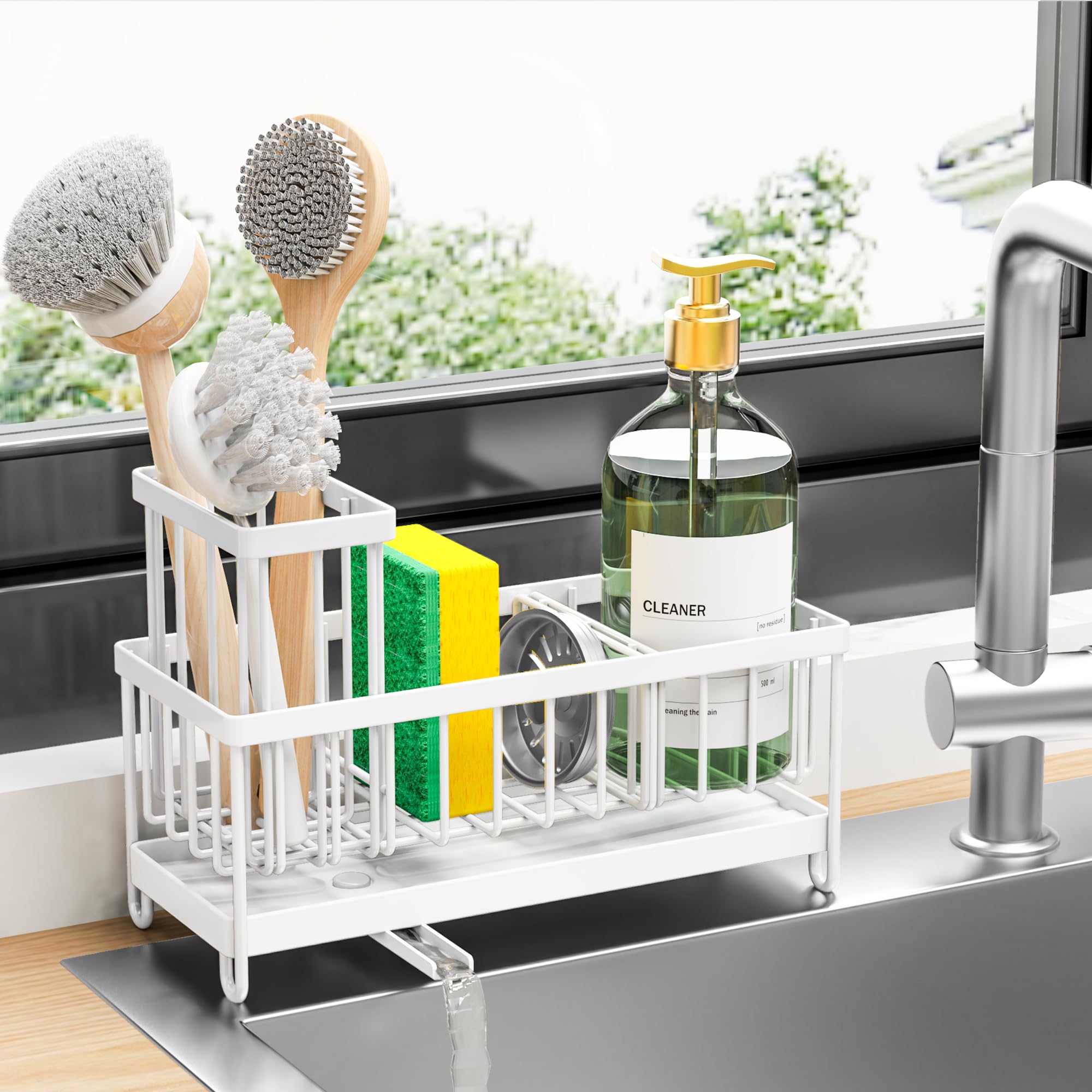 Cisily Sponge Holder for Kitchen Sink, Sink Caddy Organizer with High Brush Holder, Kitchen Countertop Organizers and Storage Essentials