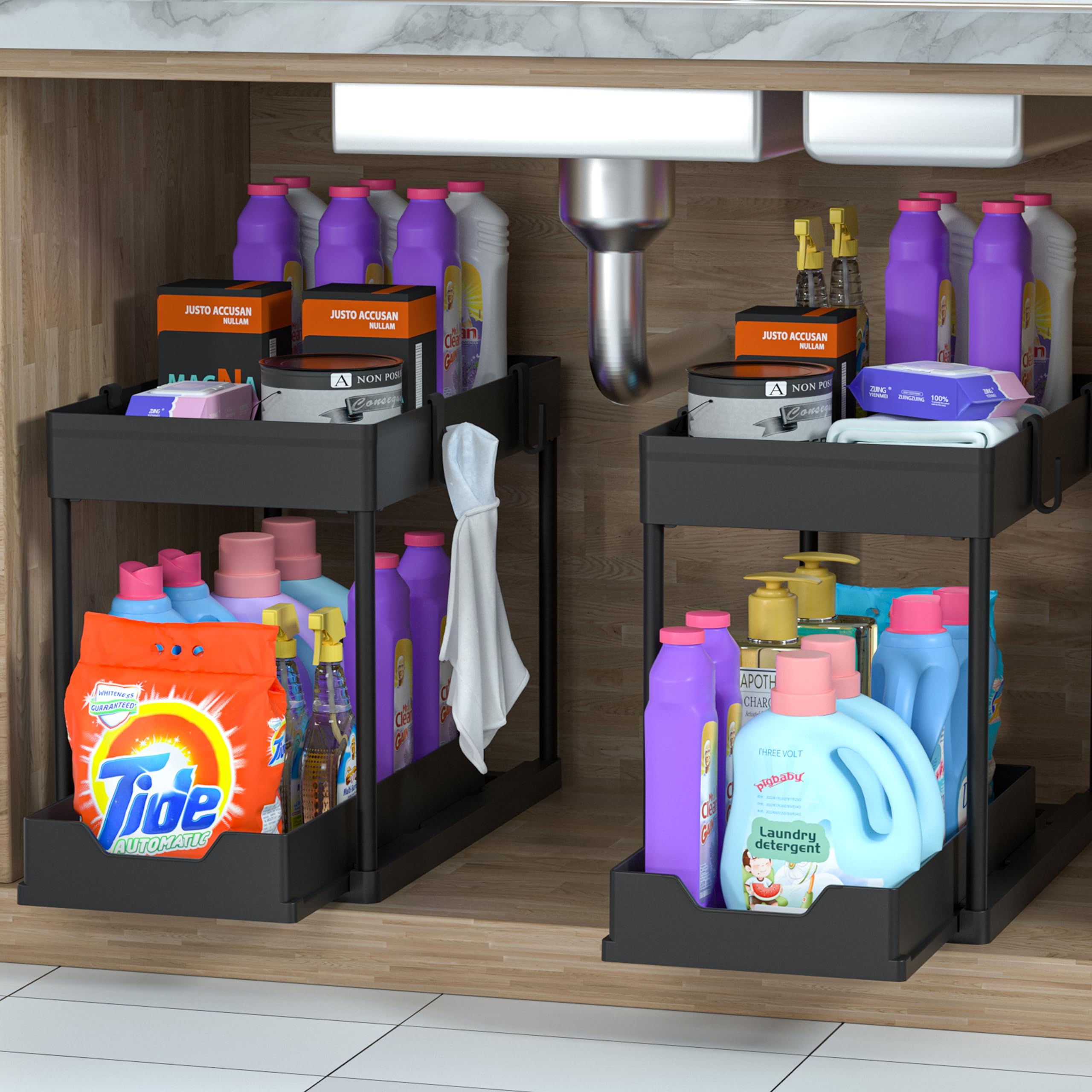 DEKAVA Under Sink Organizer 2 Pack，Bathroom Cabinet Organizer，2 Tier Sliding Cabinet Basket Organizer Drawer, Multi-Purpose Bath Collection Baskets for Bathroom