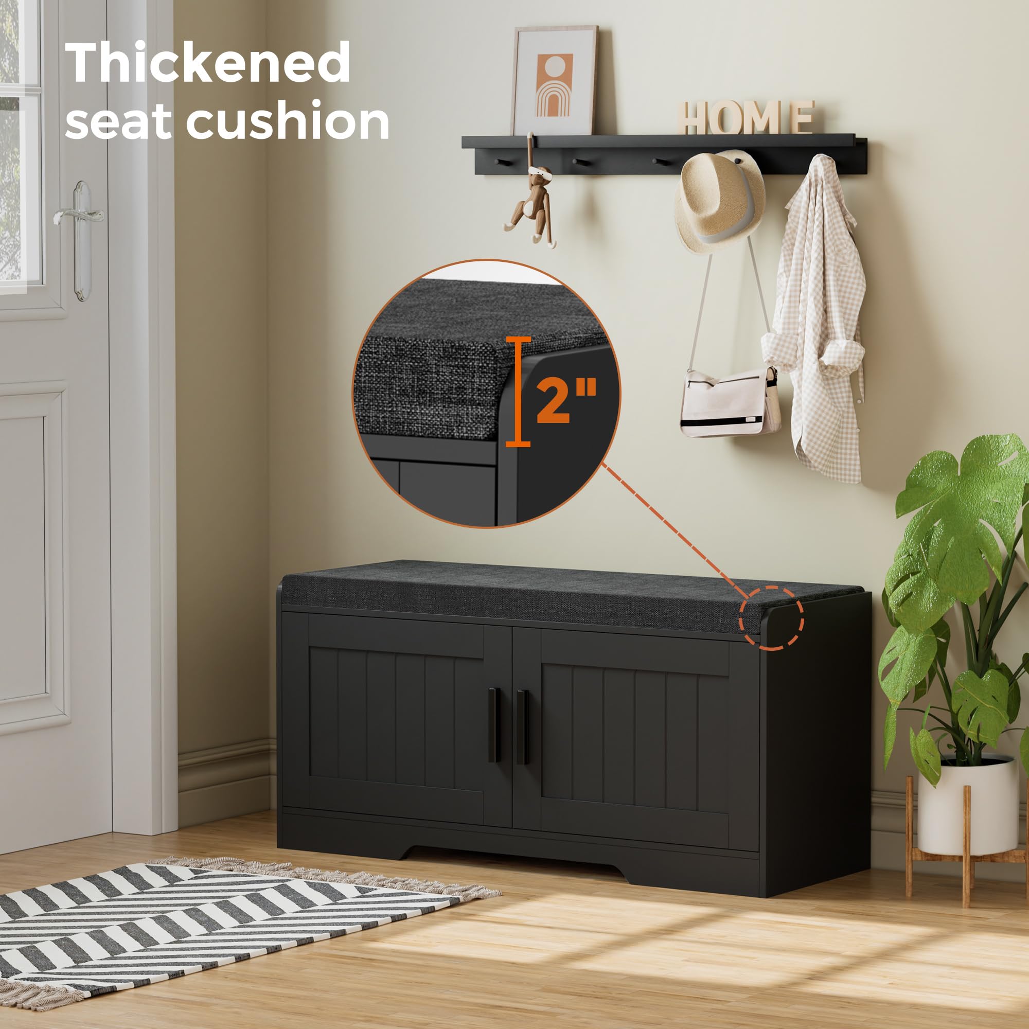 Homleke 2-Tier Storage Bench, Shoe Bench with Padded Seat Cushion, Entryway Bench with Doors, Adjustable Shelf, for Entryway, Living Room, Bedroom