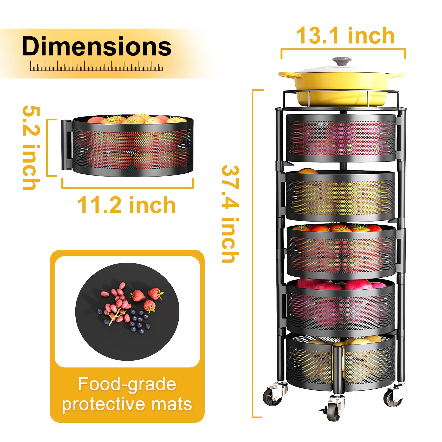 SNTD Fruit and Vegetable Basket Bowls for Kitchen with Metal Top Lid, 5 Tier Rotating Storage Rack Cart for Potato Onion Bread Banana, Wire Basket Organizer on Wheels, Large