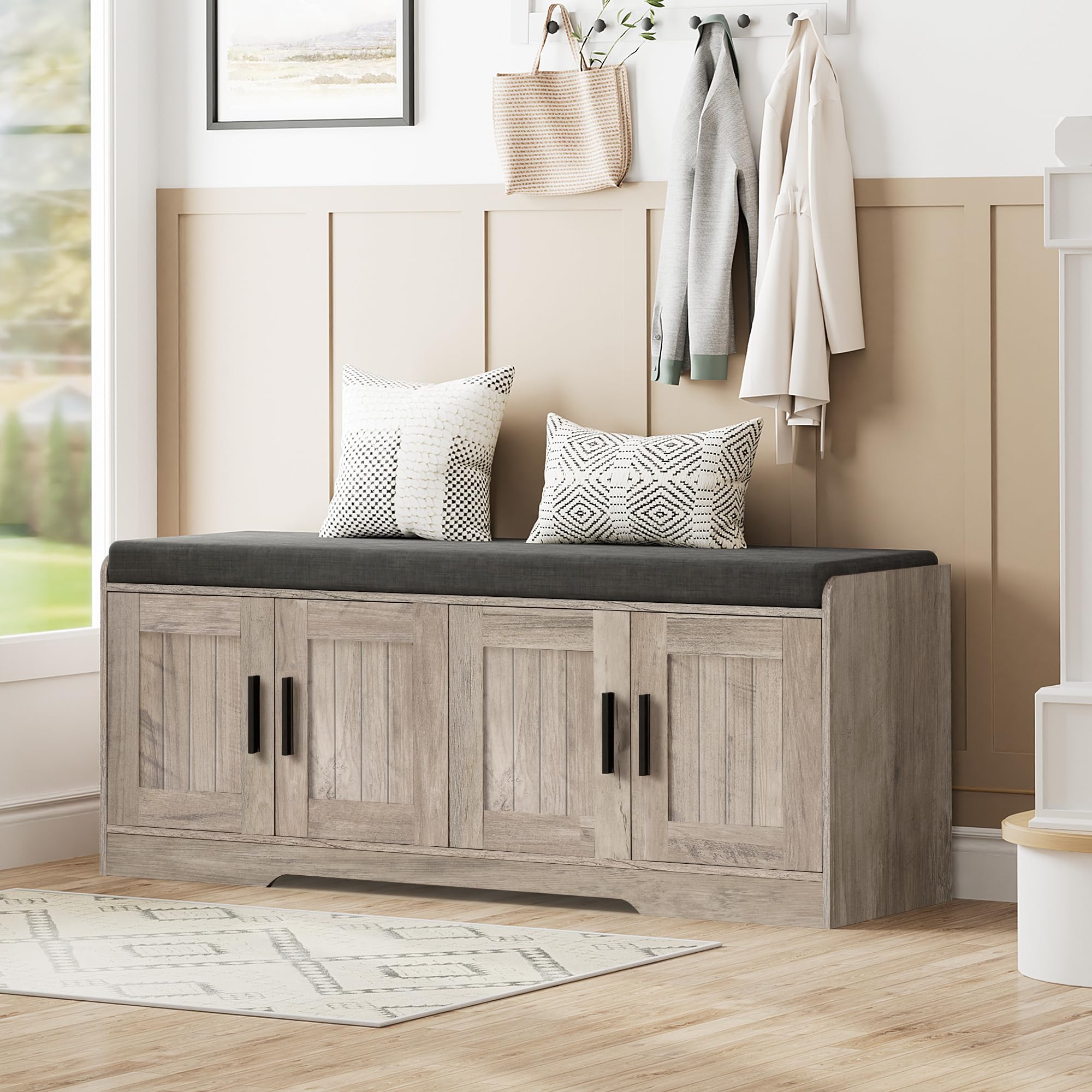 Homleke 2-Tier Storage Bench, Shoe Bench with Padded Seat Cushion, Entryway Bench with Doors, Adjustable Shelf, for Entryway, Living Room, Bedroom