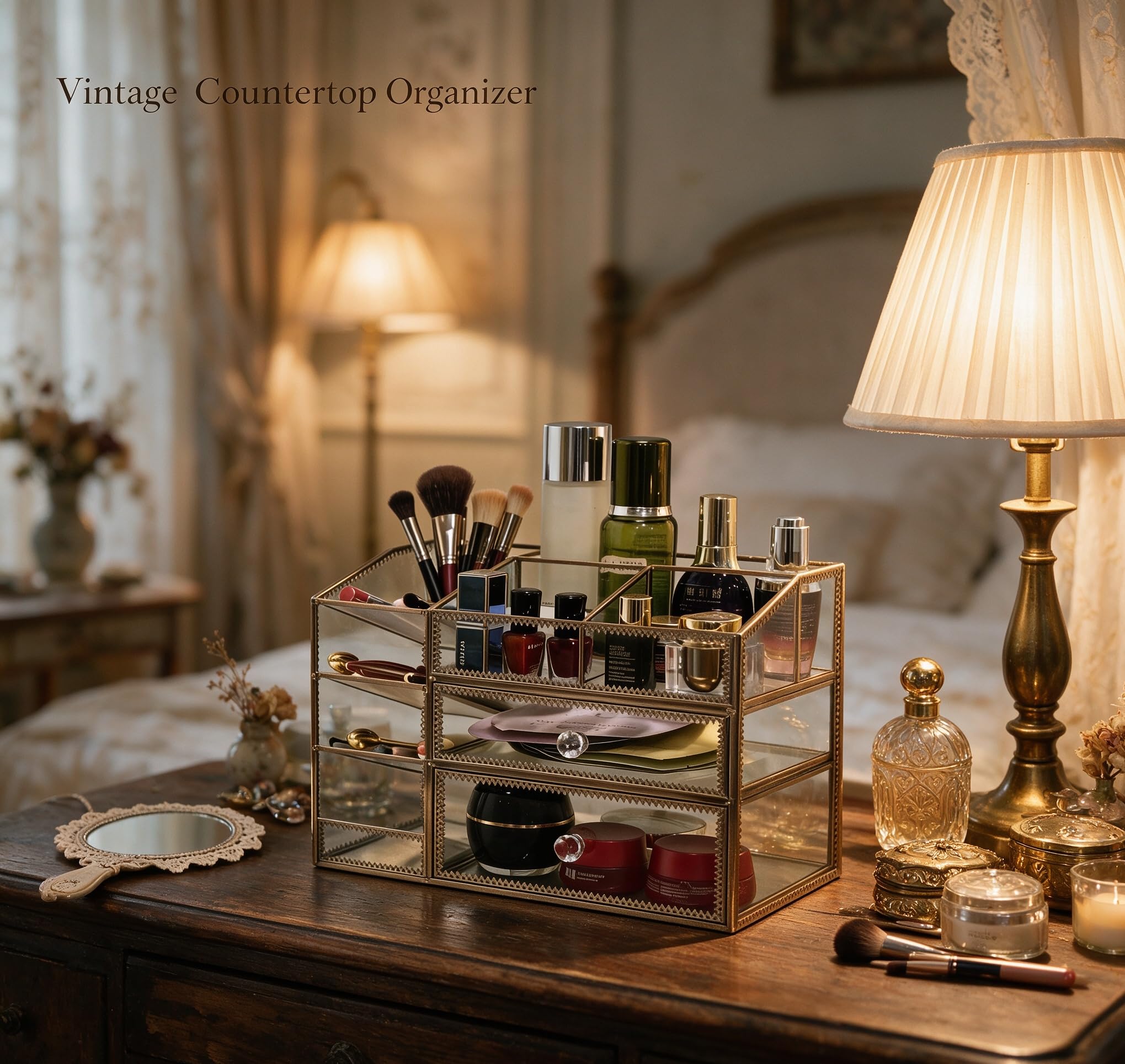 Glass Makeup Organizer for Vanity Countertop, Vintage Lace Cosmetic Storage Cabinet with 2 Drawers, Open Top Lipstick & Skincare Holder, Desktop Beauty Display Case, Available in Gold, Silver & Bronze