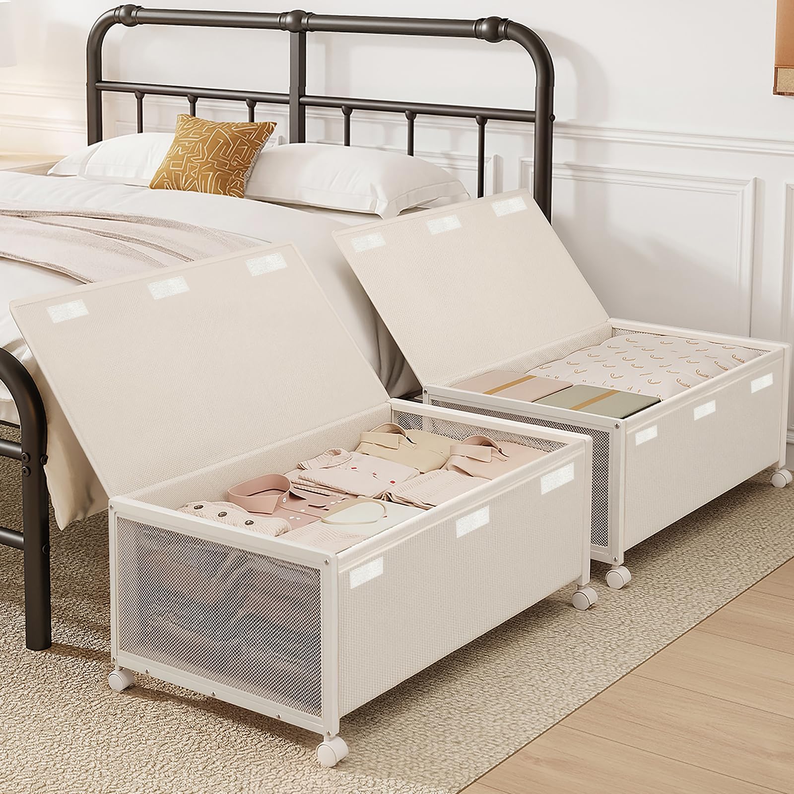 Fokyfok 2 Pack Under the Bed Storage Containers,31 inch Long Underbed Storage with Wheels,12 inch Height Under Bed Shoe Storage,Large Rolling under bed Clothes Storage Drawers with Lid for Dorm,Parent