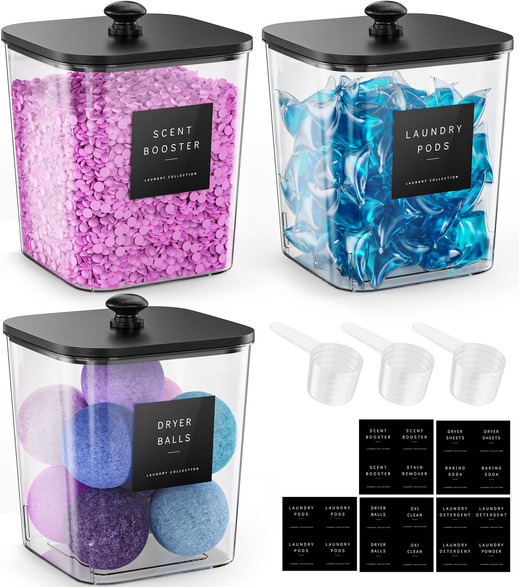Moforoco 4 Pack Laundry Pods Container, Clear Laundry Room Organization Containers,Large Detergent Powder Storage, Black Wooden Lids & Labels, Acrylic Pods Holder