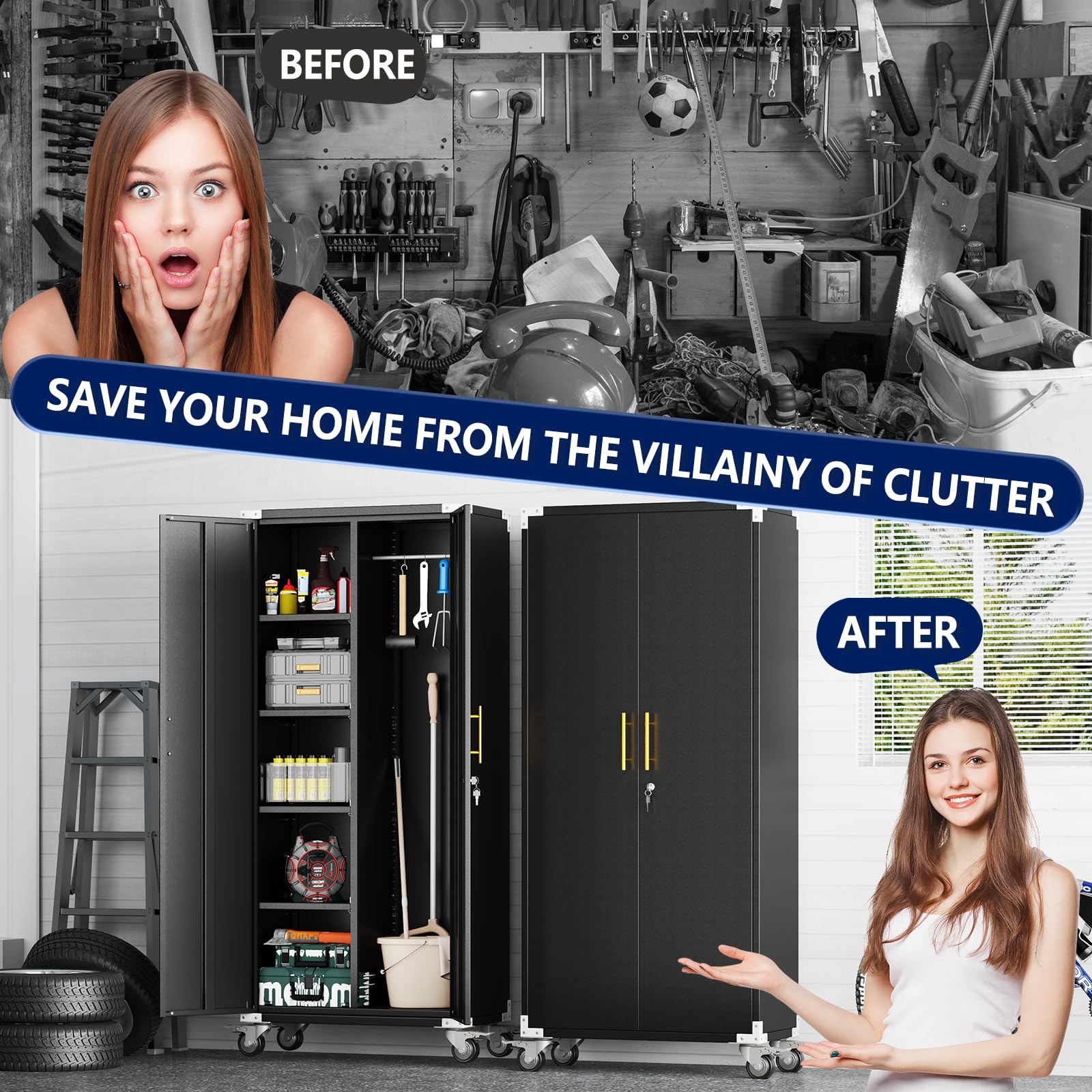 erosoei 71" Broom Storage Cabinet, Cleaning Tool Storage Cabinet