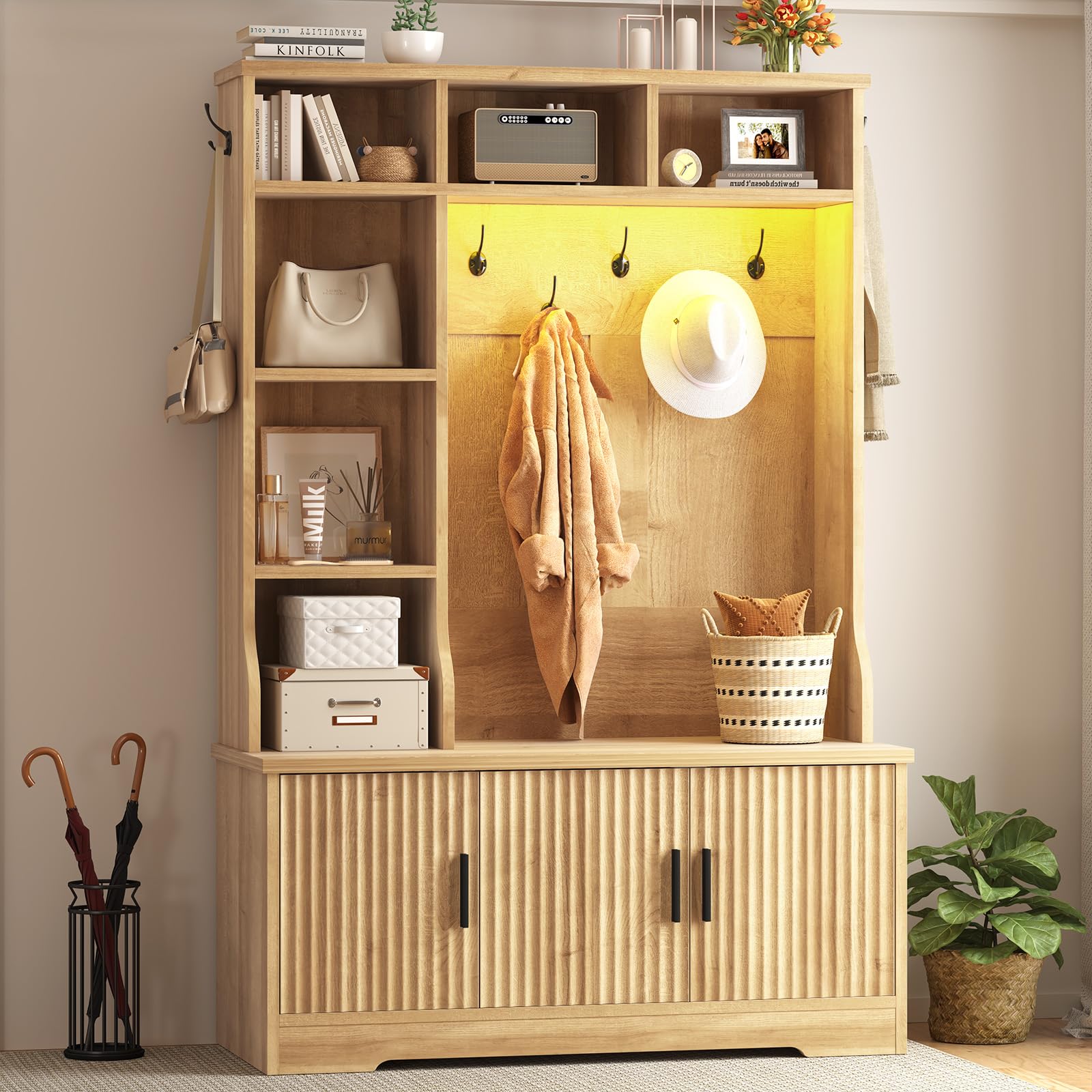 CSZZD Hall Tree with Bench and Shoe Storage, Farmhouse Entryway Bench with Coat Racks and Led Lights, Tall Hall Tree with 7 Coat Hooks, 6 Storage Cubbies