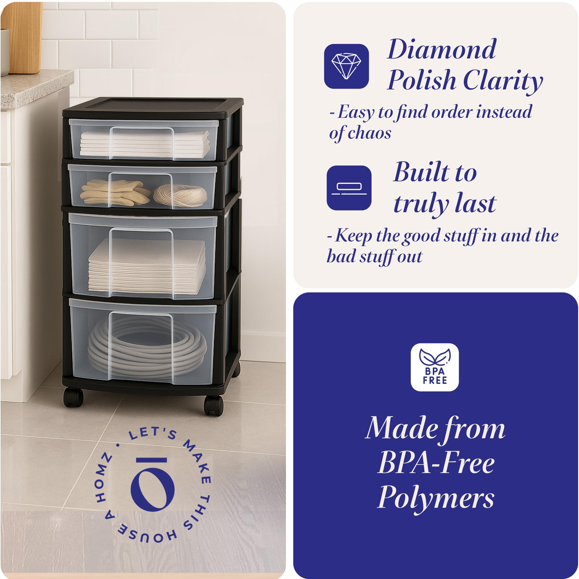 HOMZ Drawer Tower, 4-Tier Clear Plastic Storage Organizer Cart - Organizing Containers with Wheels for Home, Bathroom, Bedroom, Office, and Classroom
