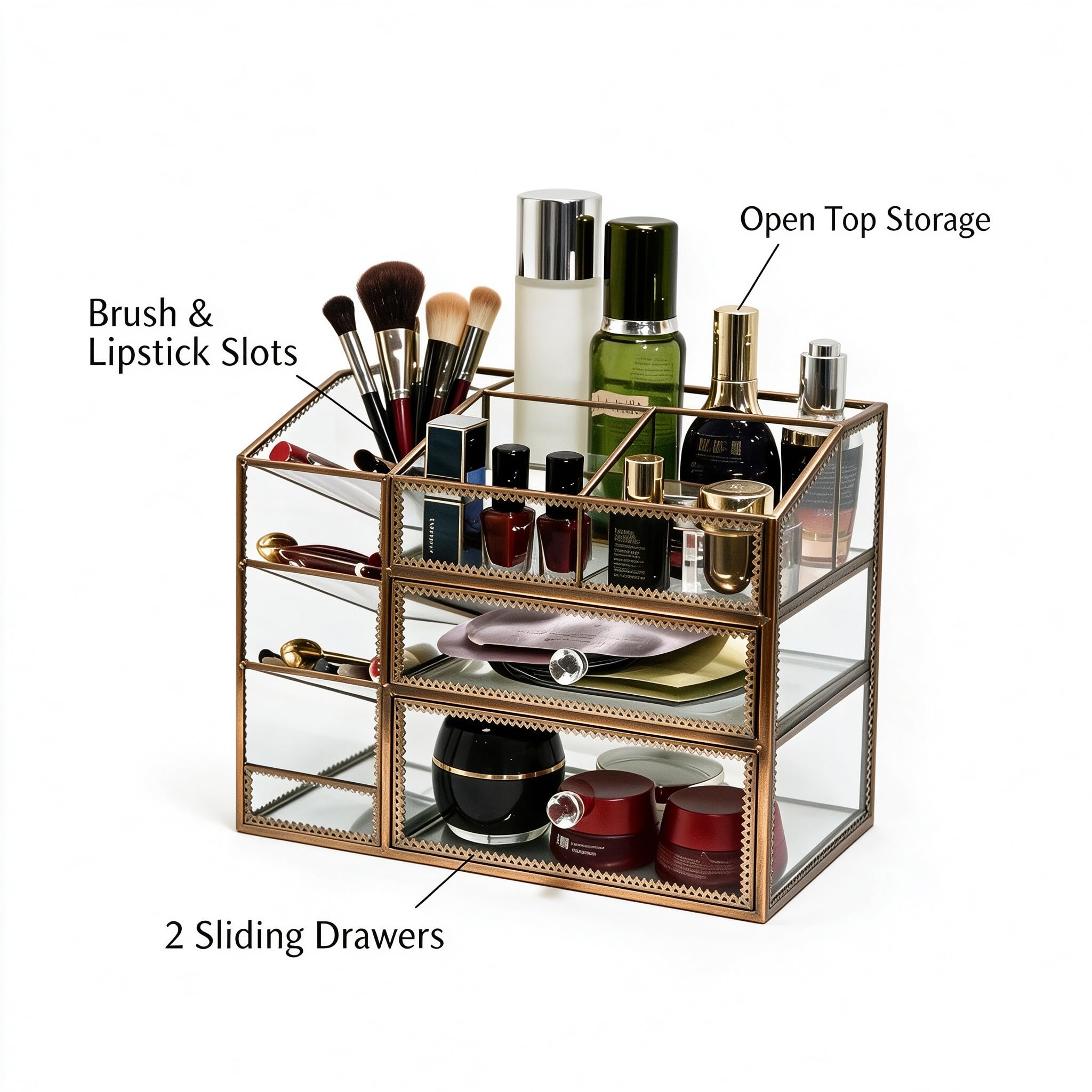 Glass Makeup Organizer for Vanity Countertop, Vintage Lace Cosmetic Storage Cabinet with 2 Drawers, Open Top Lipstick & Skincare Holder, Desktop Beauty Display Case, Available in Gold, Silver & Bronze