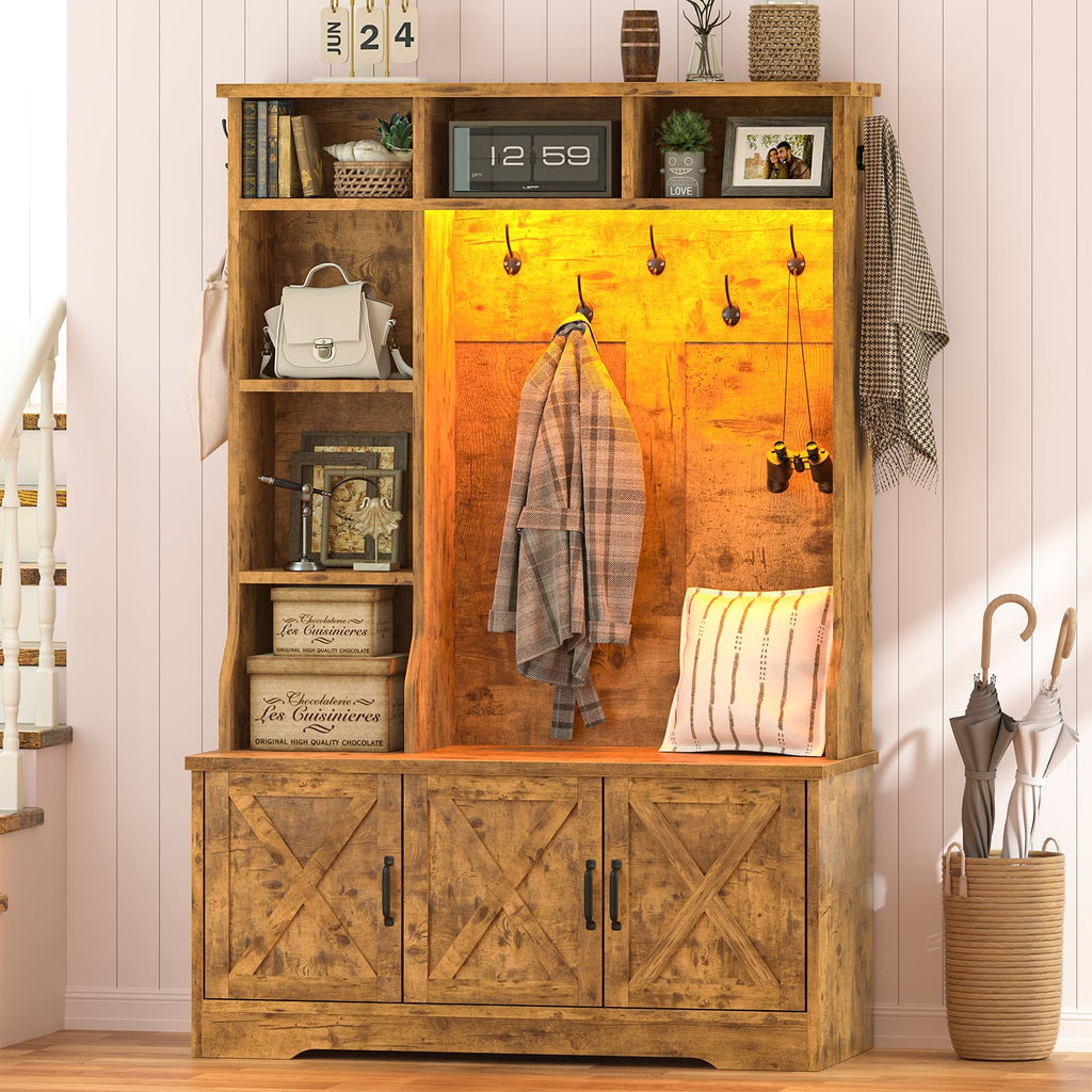 CSZZD Hall Tree with Bench and Shoe Storage, Farmhouse Entryway Bench with Coat Racks and Led Lights, Tall Hall Tree with 7 Coat Hooks, 6 Storage Cubbies