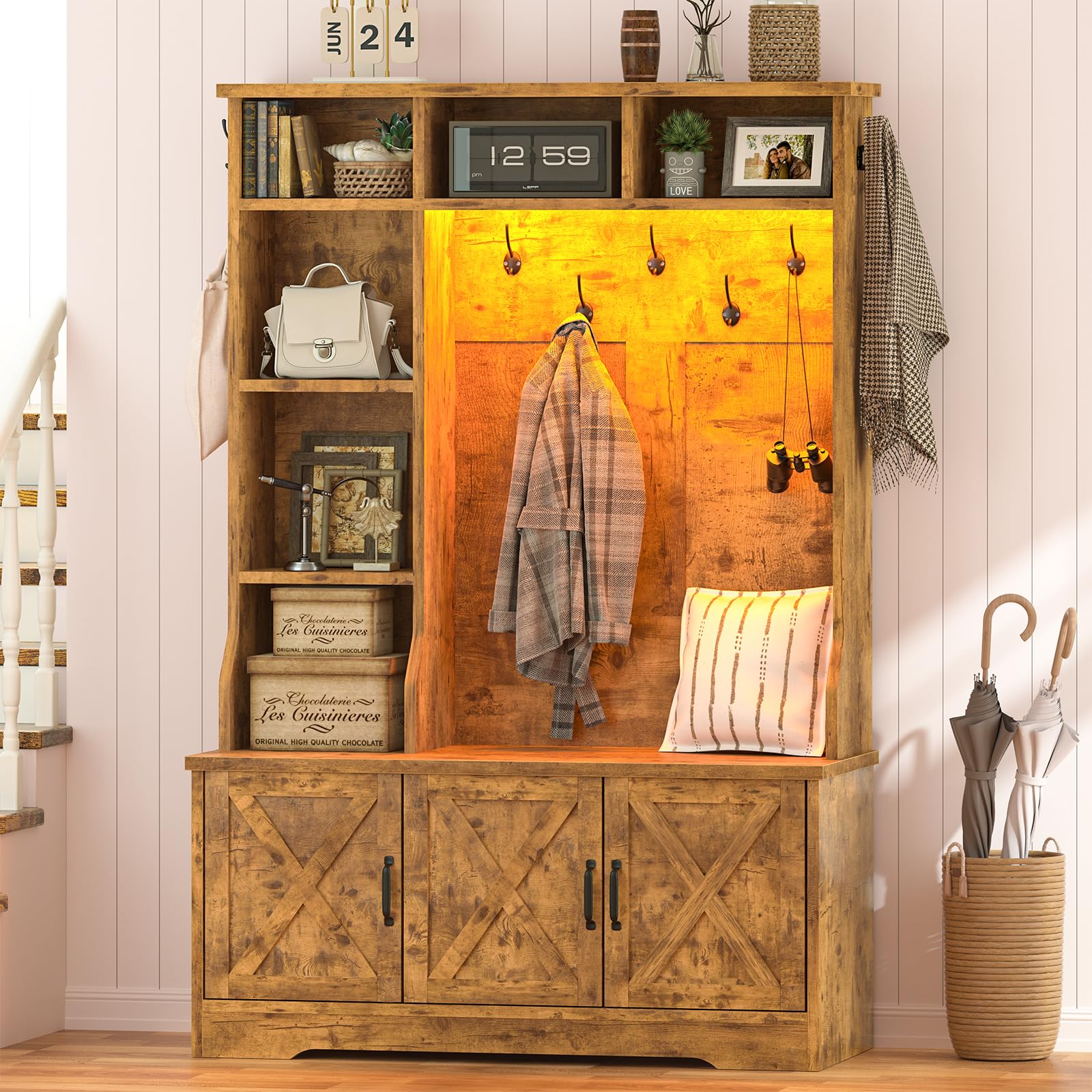 CSZZD Hall Tree with Bench and Shoe Storage, Farmhouse Entryway Bench with Coat Racks and Led Lights, Tall Hall Tree with 7 Coat Hooks, 6 Storage Cubbies