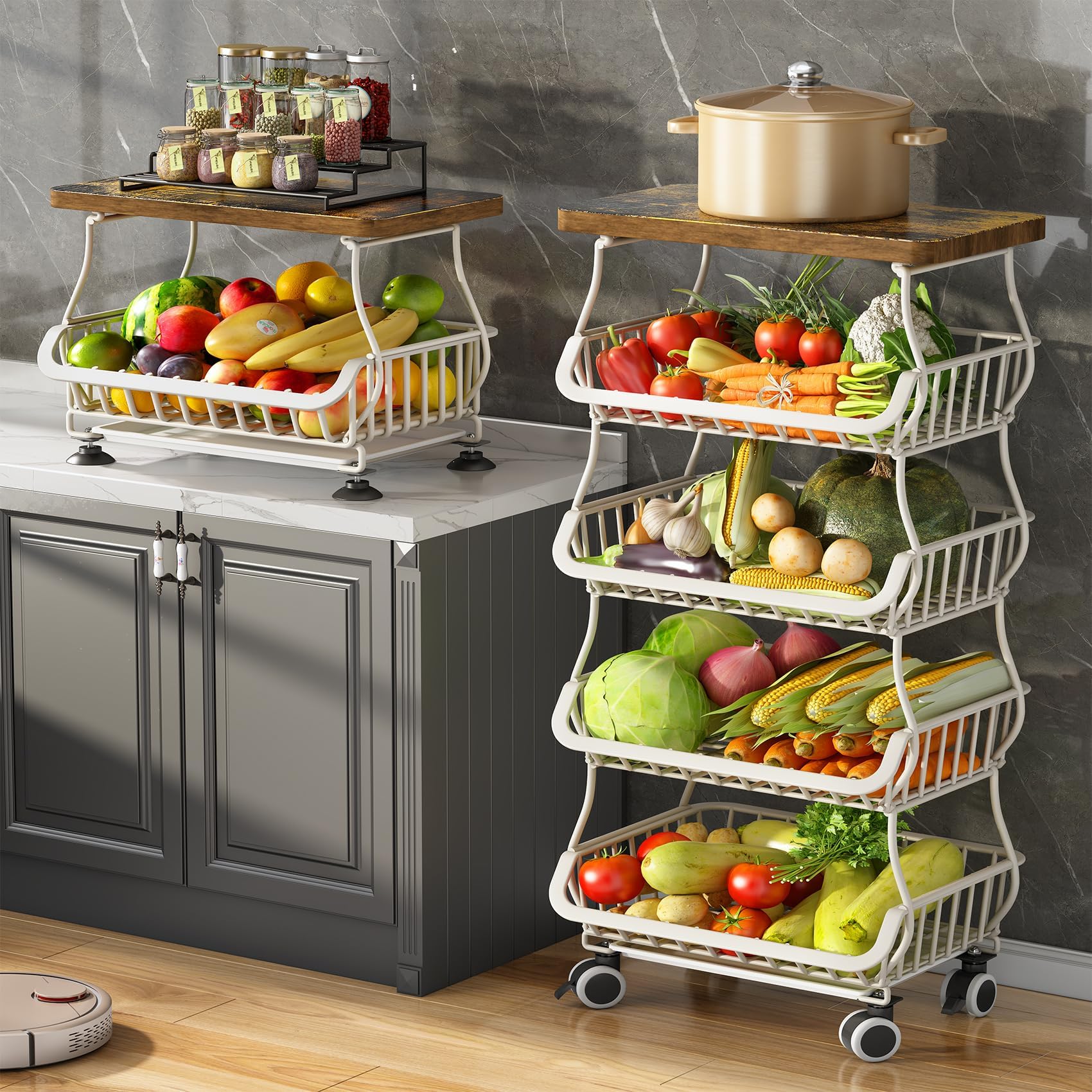 SAYZH Fruit Basket Kitchen Pantry Organizers and Storage - Wooden Top Table, Stackable Metal Wire Basket Stand Cart for Fruit Vegetable Snacks Onion Potato Organization