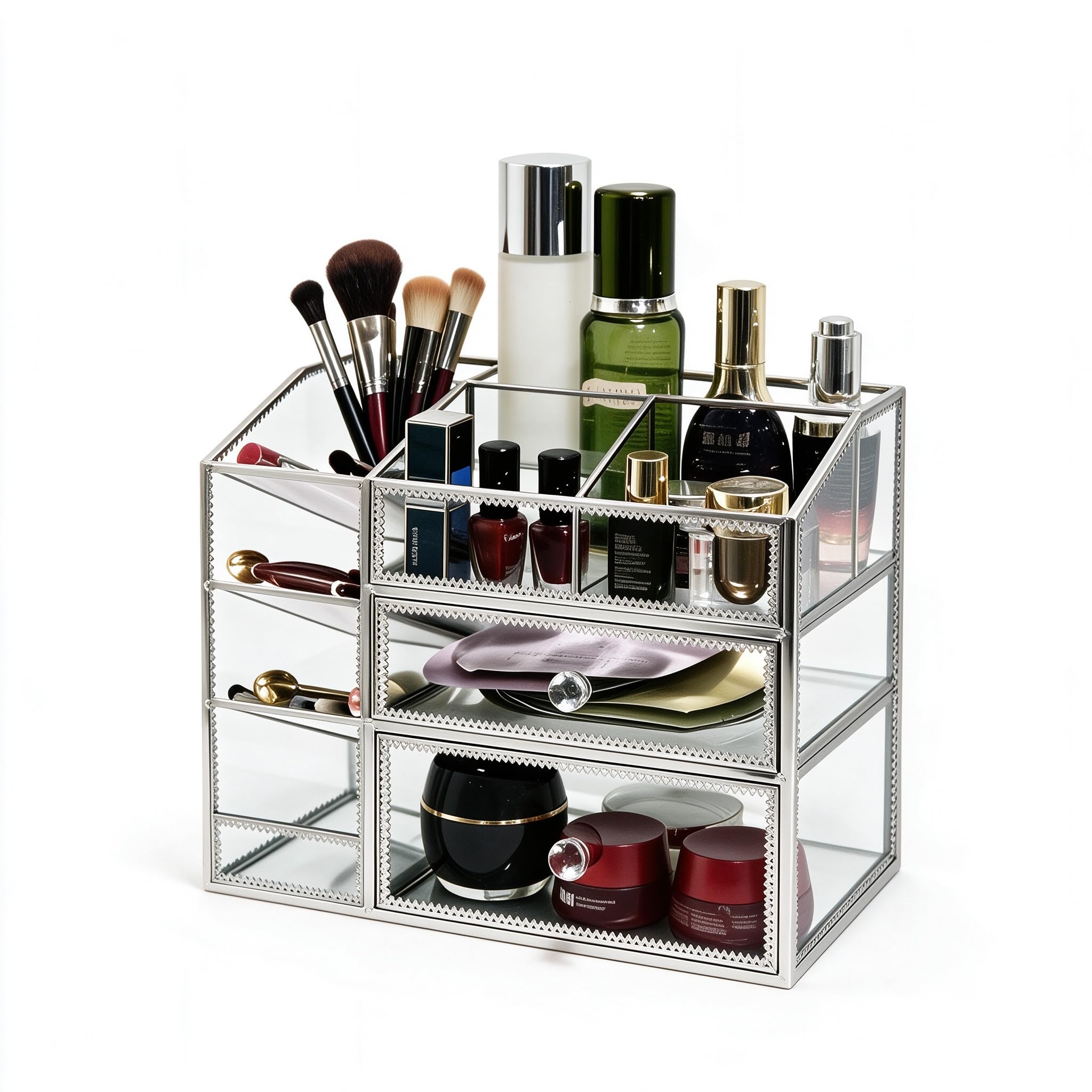 Glass Makeup Organizer for Vanity Countertop, Vintage Lace Cosmetic Storage Cabinet with 2 Drawers, Open Top Lipstick & Skincare Holder, Desktop Beauty Display Case, Available in Gold, Silver & Bronze