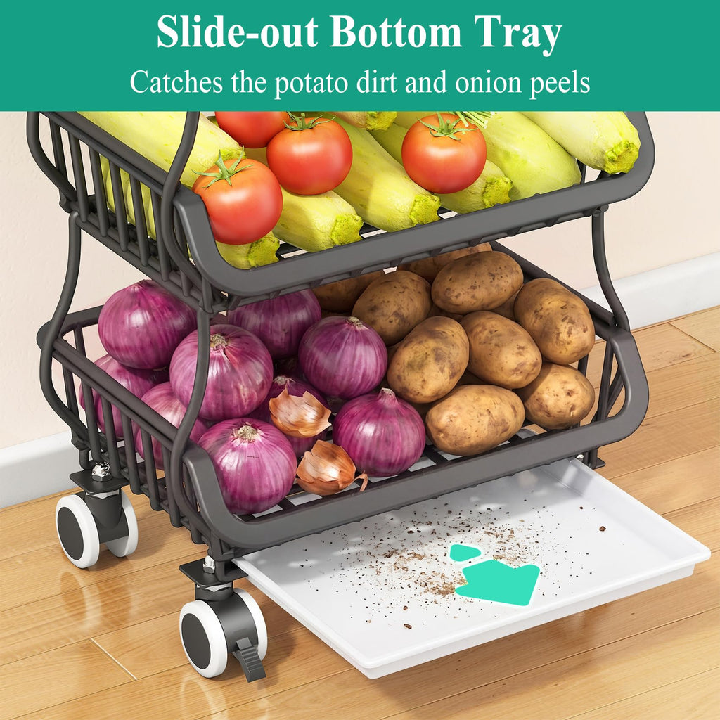 SAYZH Fruit Basket Kitchen Pantry Organizers and Storage - Wooden Top Table, Stackable Metal Wire Basket Stand Cart for Fruit Vegetable Snacks Onion Potato Organization