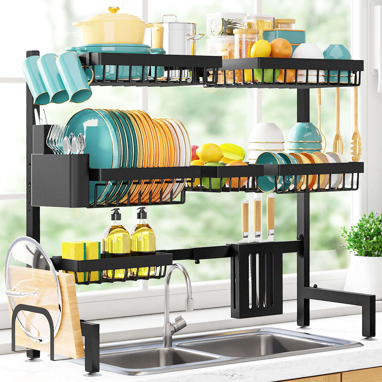 Sakugi Over The Sink Dish Drying Rack - Adjustable Stainless Steel Drainer with Cutlery & Utensil Holders, Kitchen Storage & Organization