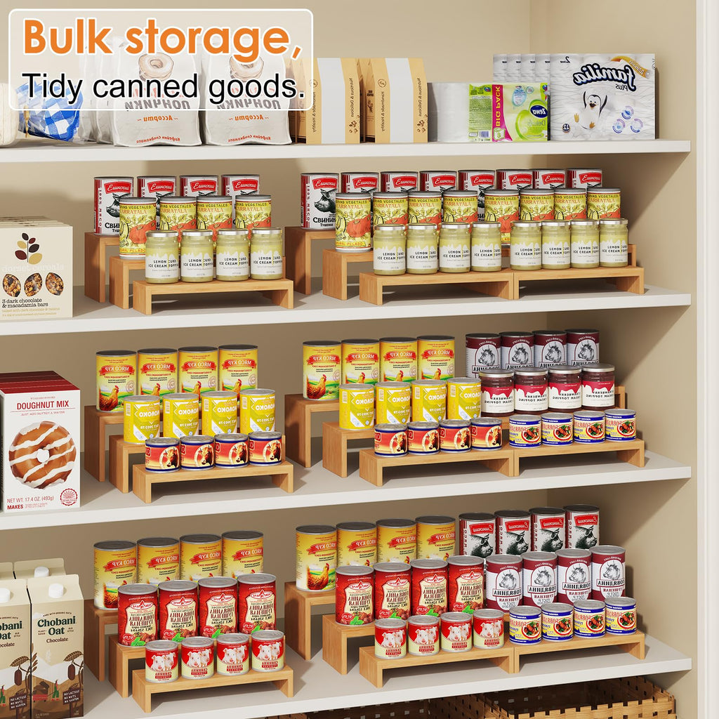2 Sets Bamboo Can Organizer for Pantry, 3-Tier 6-Piece Adjustable Cabinet Can Display Rack, Soda Can Organizer Holds Up to 31 Cans, Canned Goods Storage Holder for Pantry, Cabinet, Countertop