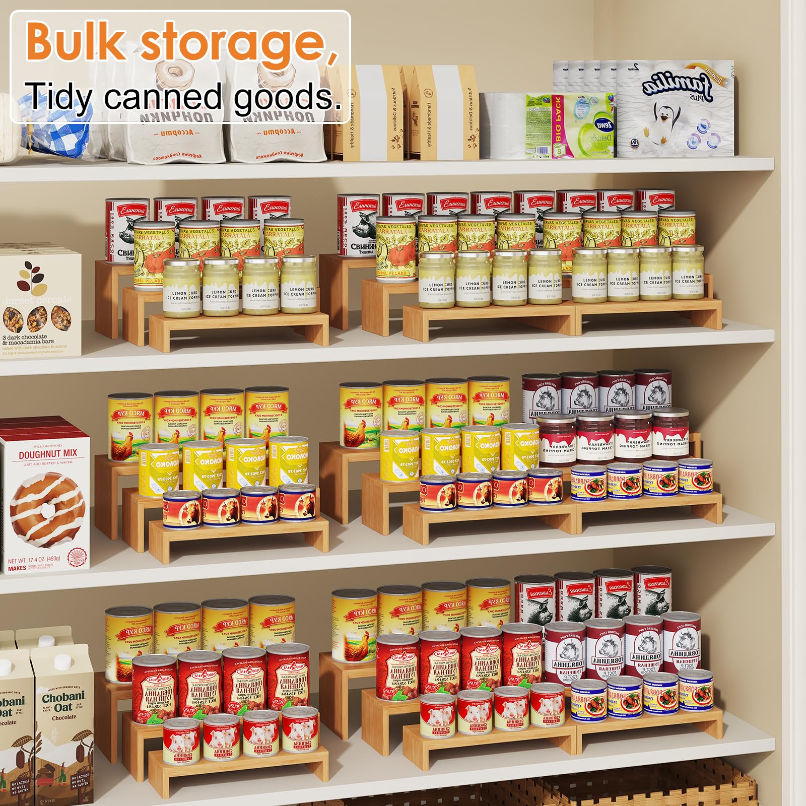 2 Sets Bamboo Can Organizer for Pantry, 3-Tier 6-Piece Adjustable Cabinet Can Display Rack, Soda Can Organizer Holds Up to 31 Cans, Canned Goods Storage Holder for Pantry, Cabinet, Countertop