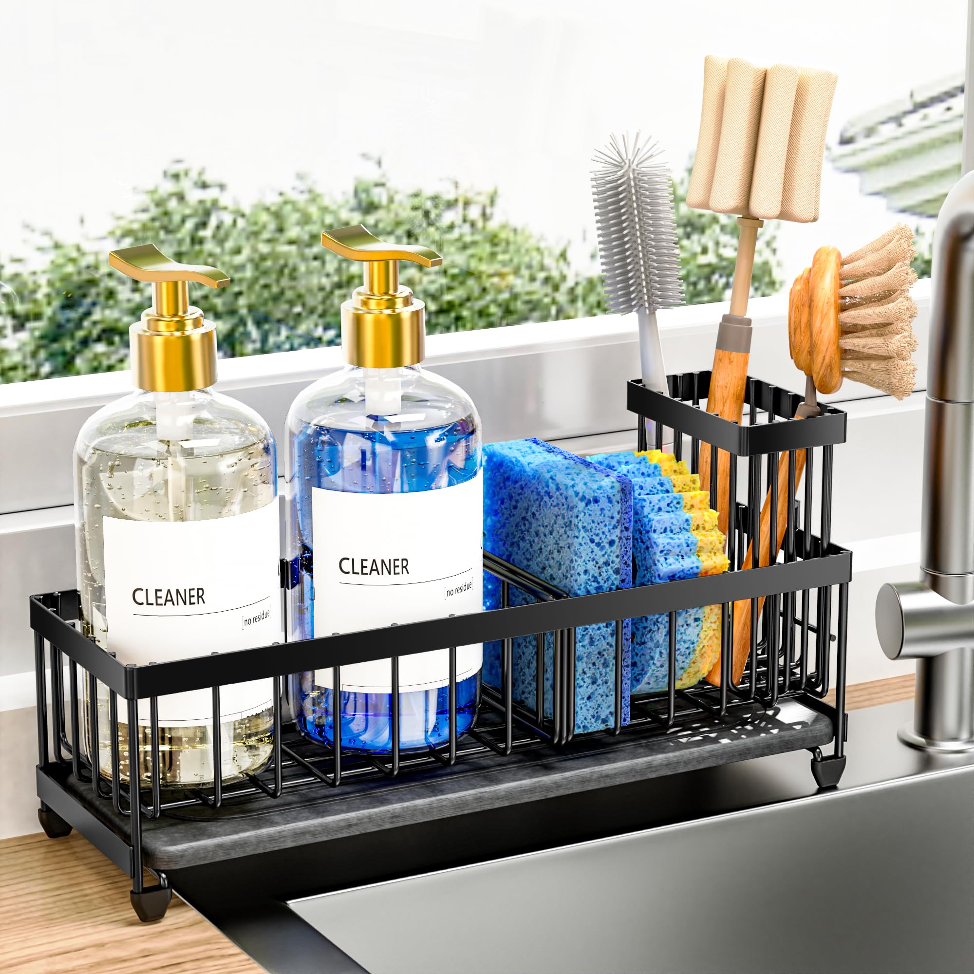 Cisily Sponge Holder for Kitchen Sink, Sink Caddy Organizer with High Brush Holder, Kitchen Countertop Organizers and Storage Essentials