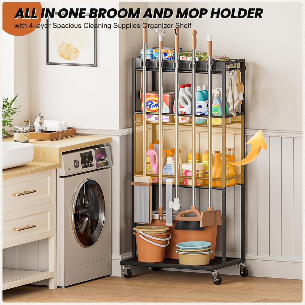 Broom Holder with Cleaning Supplies Organizer