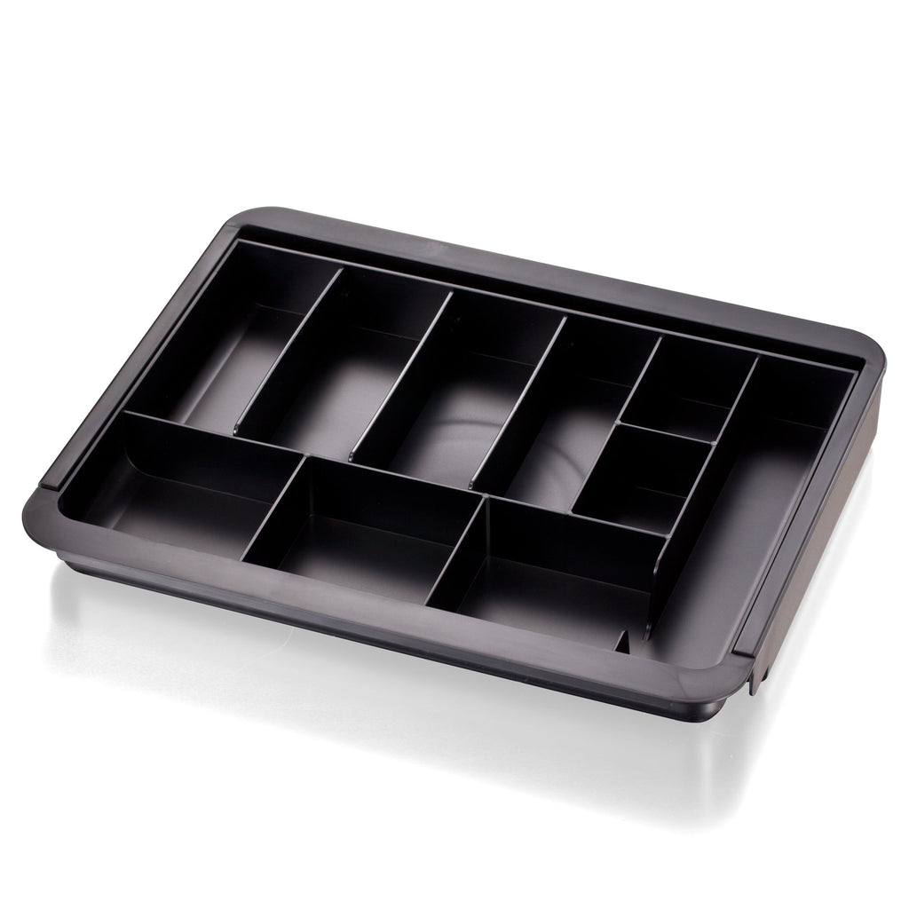 Officemate Expandable Drawer Organizer Tray, Adjustable 10.3"–16" Width, Customizable Compartments with Dividers, Recycled Plastic, Black