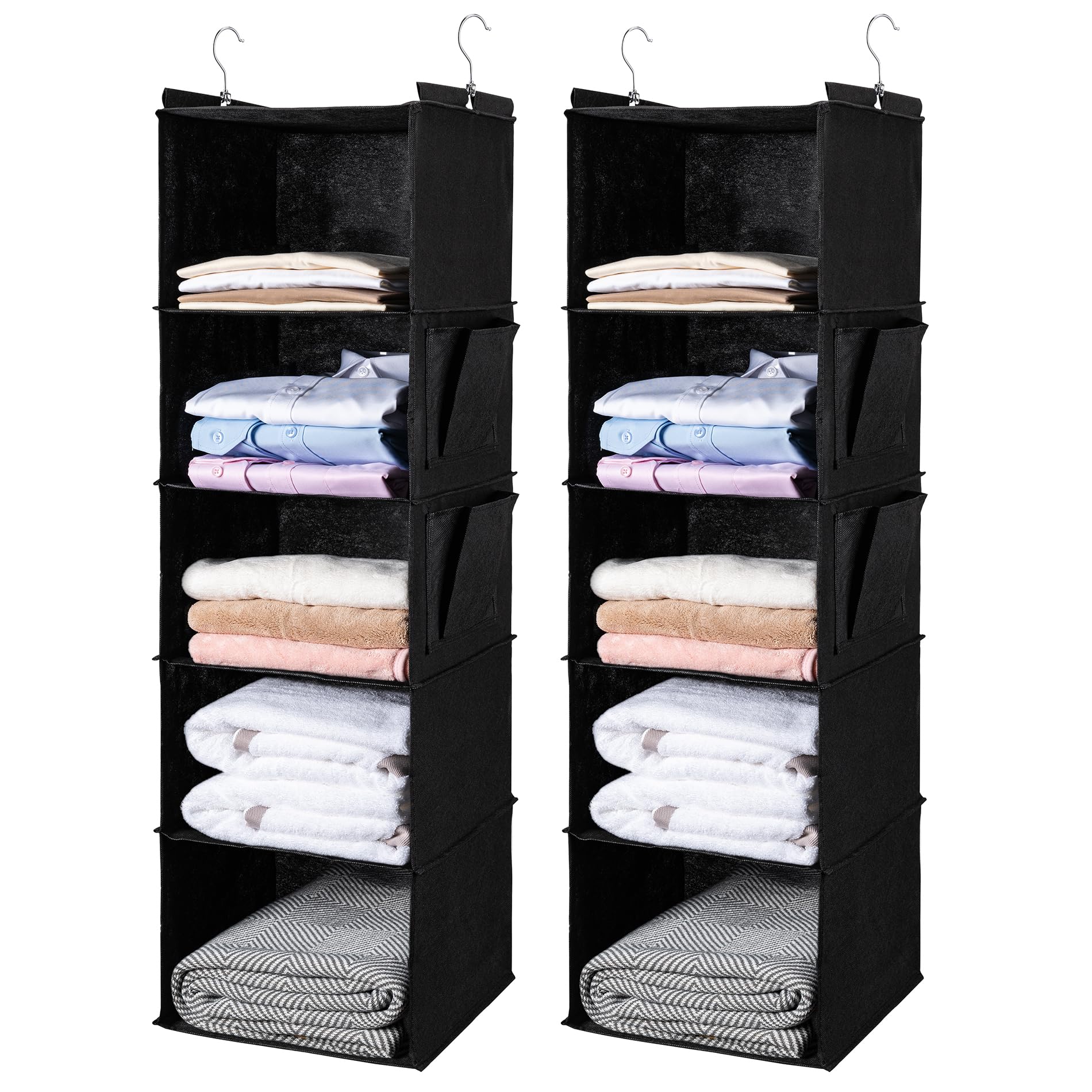 BOOMIBOO Hanging Closet Organize and Shelves，5-Hanging Shelf with 2 Side Pockets，Storage Foldable