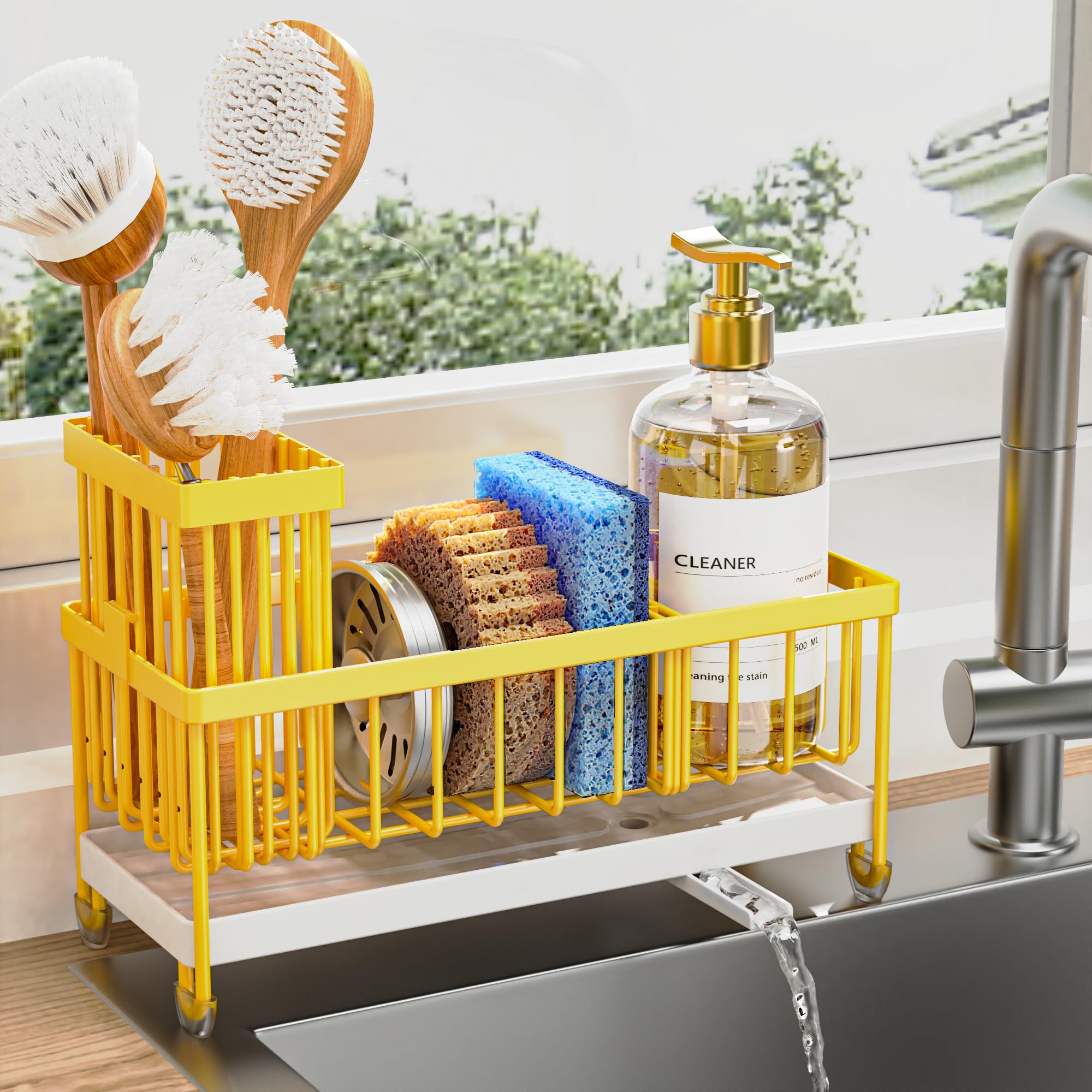 Cisily Sponge Holder for Kitchen Sink, Sink Caddy Organizer with High Brush Holder, Kitchen Countertop Organizers and Storage Essentials