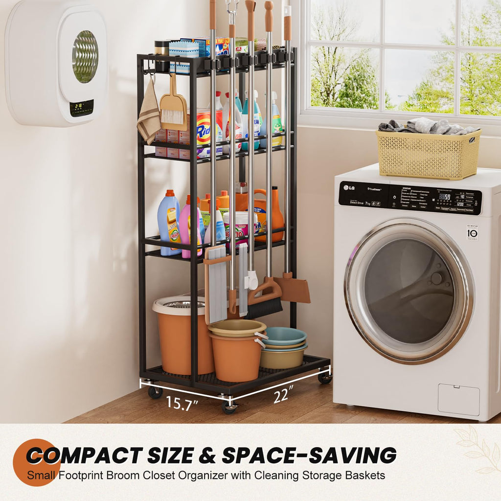 Broom Holder with Cleaning Supplies Organizer