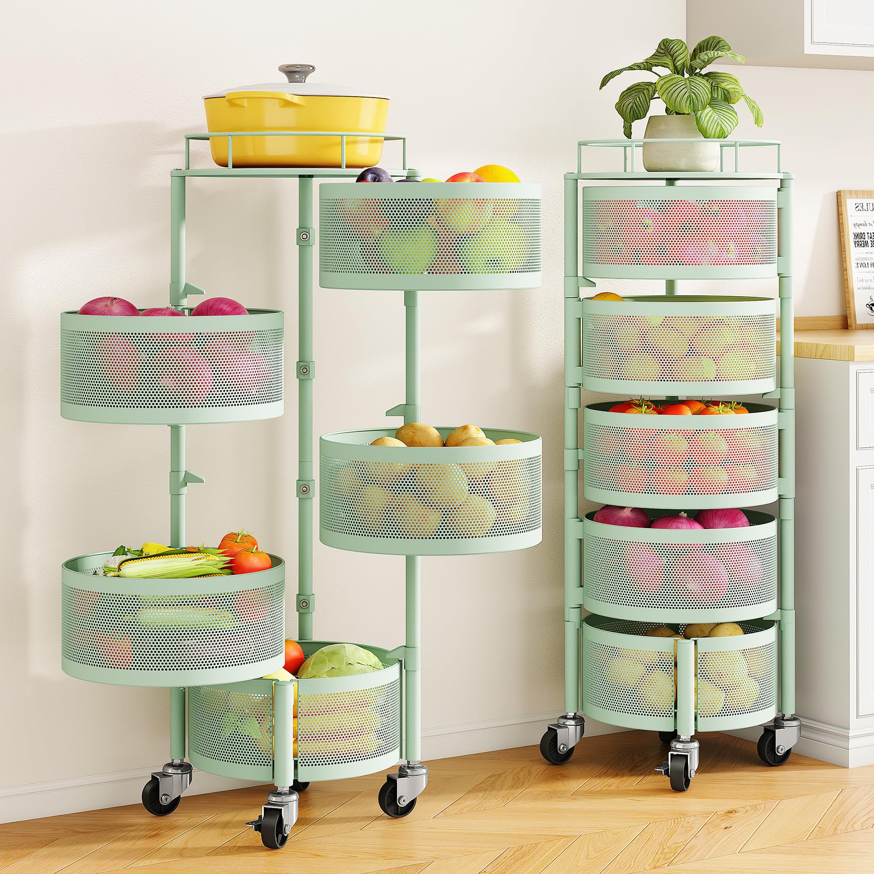 SNTD Fruit and Vegetable Basket Bowls for Kitchen with Metal Top Lid, 5 Tier Rotating Storage Rack Cart for Potato Onion Bread Banana, Wire Basket Organizer on Wheels, Large