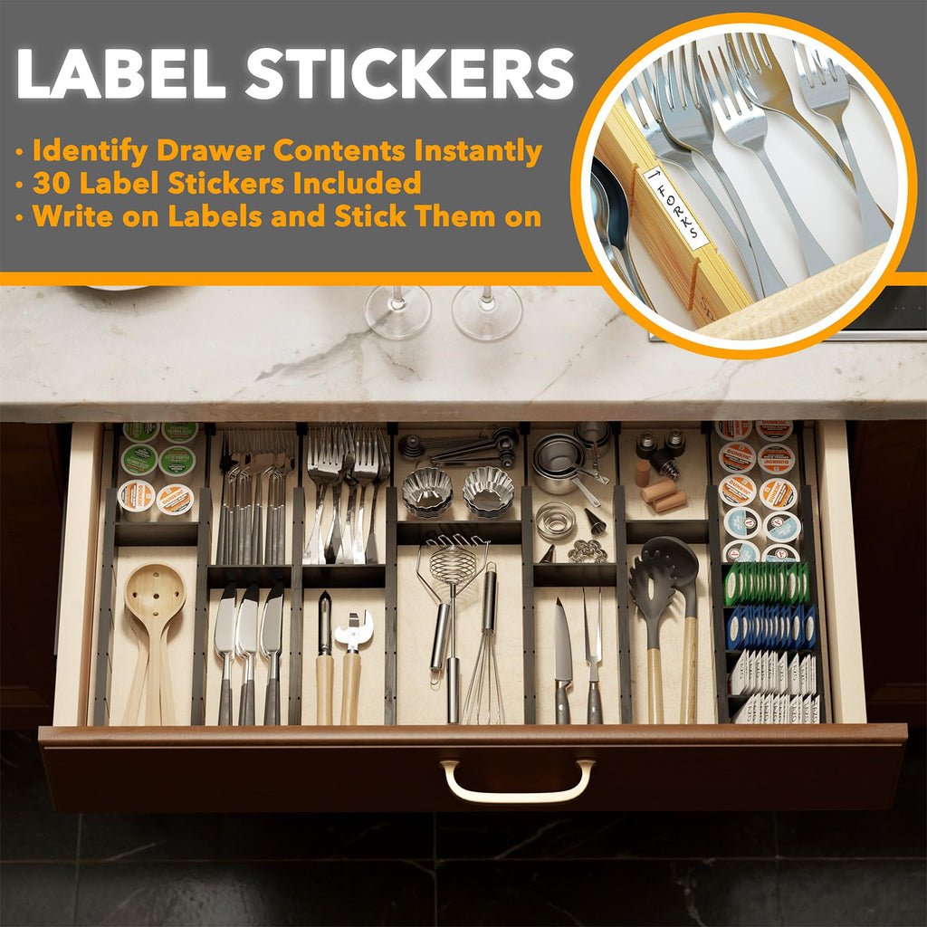 SpaceAid Bamboo Drawer Dividers with Inserts and Labels, Kitchen Adjustable Drawer Organizers, Expandable Organization for Home, Office, Dressers, 4 Dividers with 9 Inserts