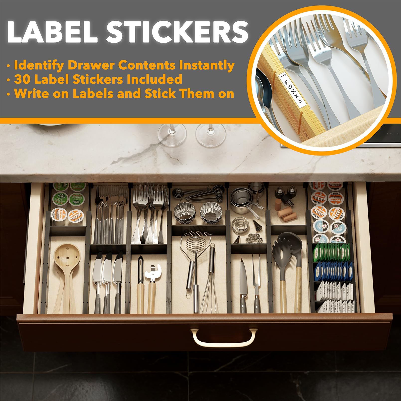 SpaceAid Bamboo Drawer Dividers with Inserts and Labels, Kitchen Adjustable Drawer Organizers, Expandable Organization for Home, Office, Dressers, 4 Dividers with 9 Inserts