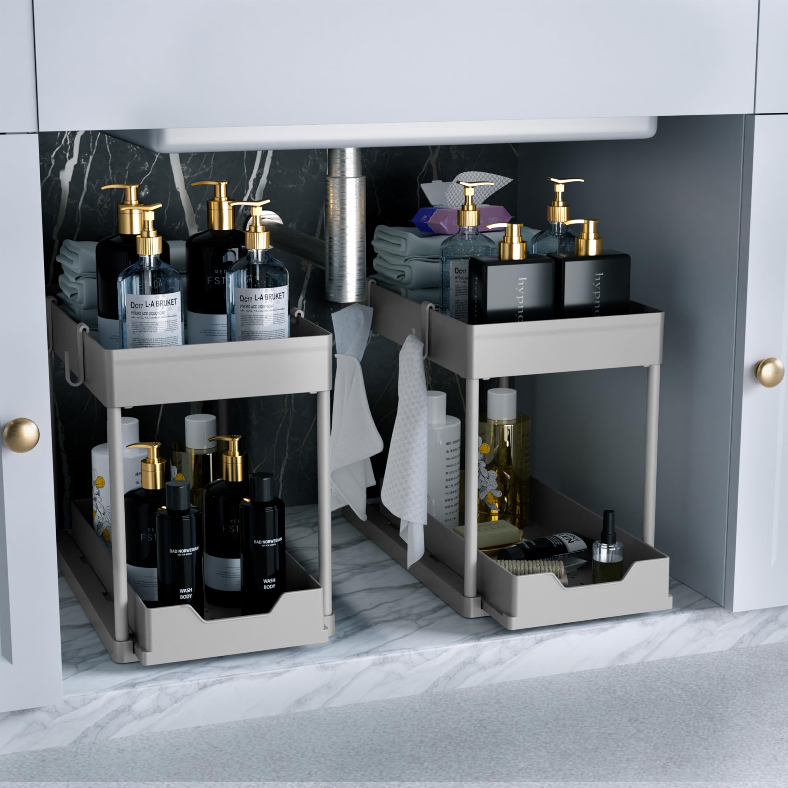 DEKAVA Under Sink Organizer 2 Pack，Bathroom Cabinet Organizer，2 Tier Sliding Cabinet Basket Organizer Drawer, Multi-Purpose Bath Collection Baskets for Bathroom