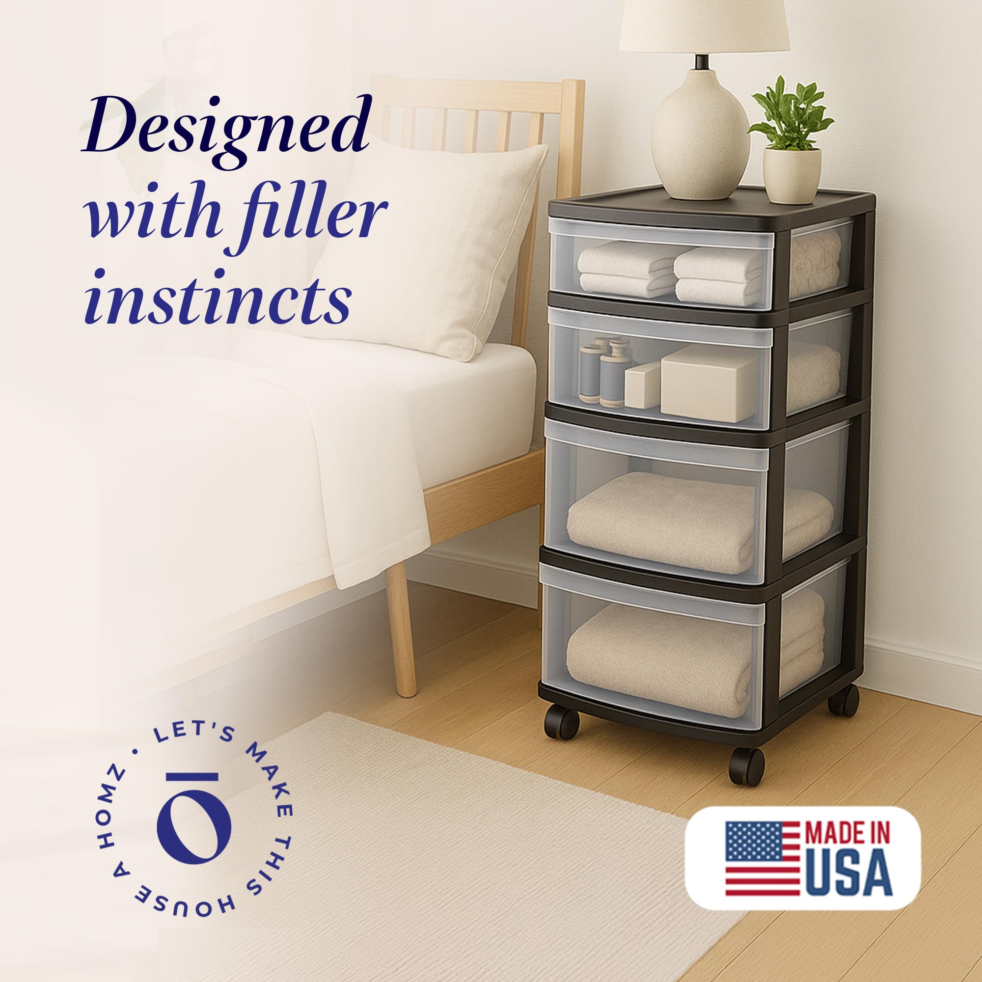 HOMZ Drawer Tower, 4-Tier Clear Plastic Storage Organizer Cart - Organizing Containers with Wheels for Home, Bathroom, Bedroom, Office, and Classroom