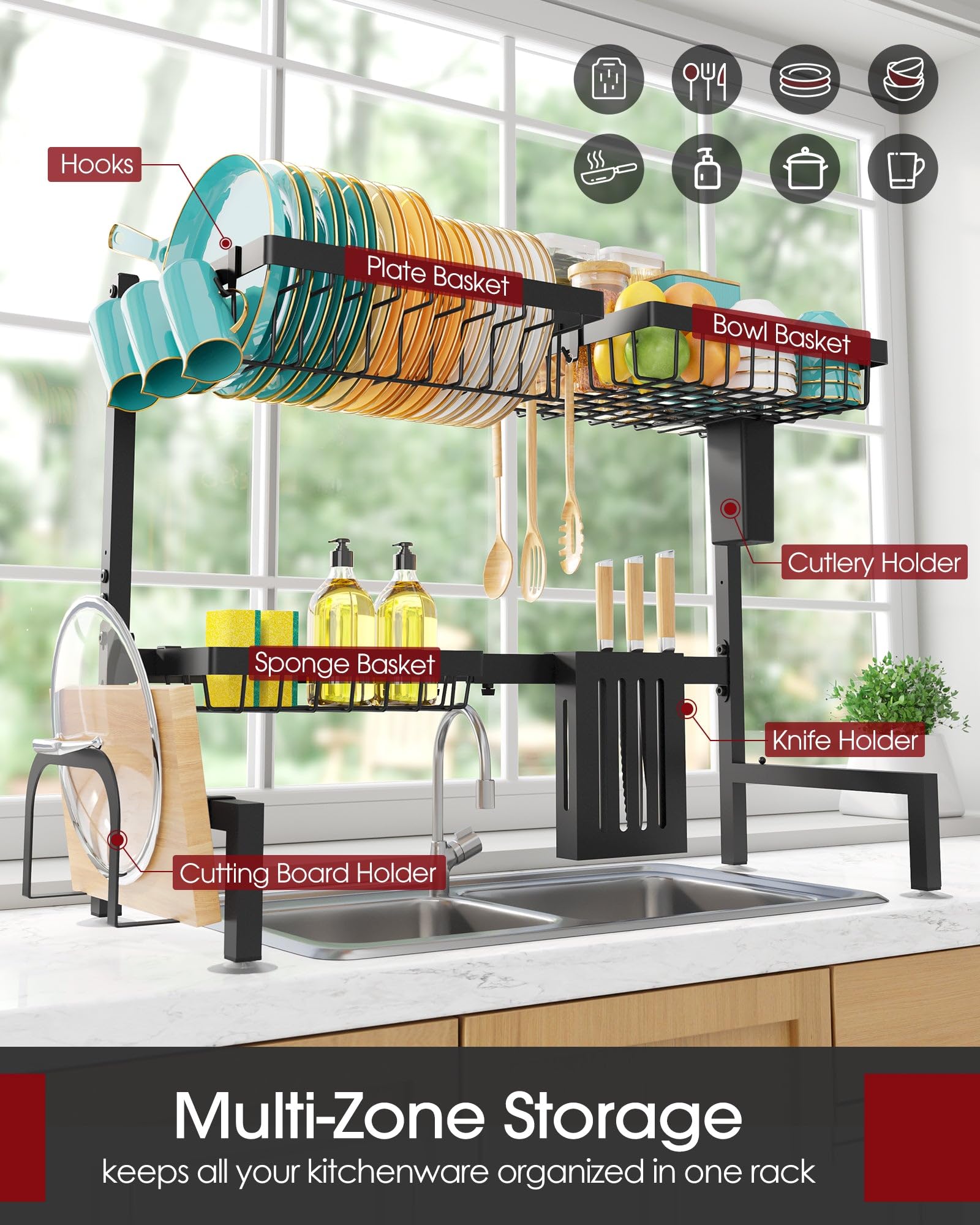 Sakugi Over The Sink Dish Drying Rack - Adjustable Stainless Steel Drainer with Cutlery & Utensil Holders, Kitchen Storage & Organization